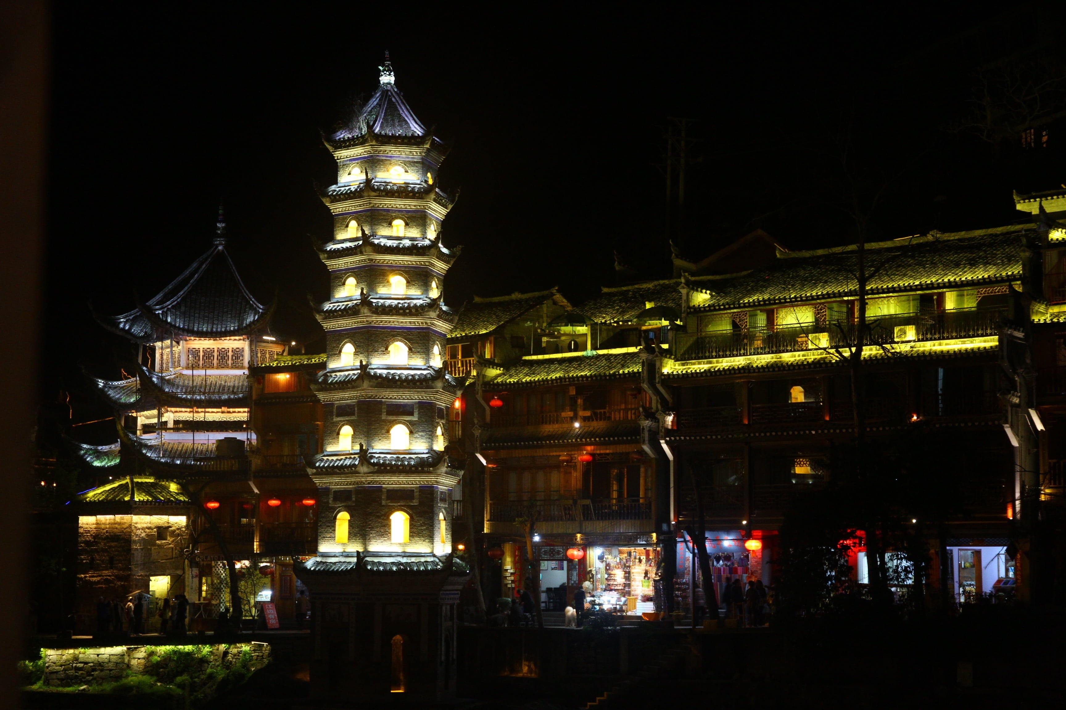 spire, hunan, residential district, lighting equipment, night, ancient tower, no people, nature, china, building exterior, architecture, fenghuang, tourism, HD Wallpaper