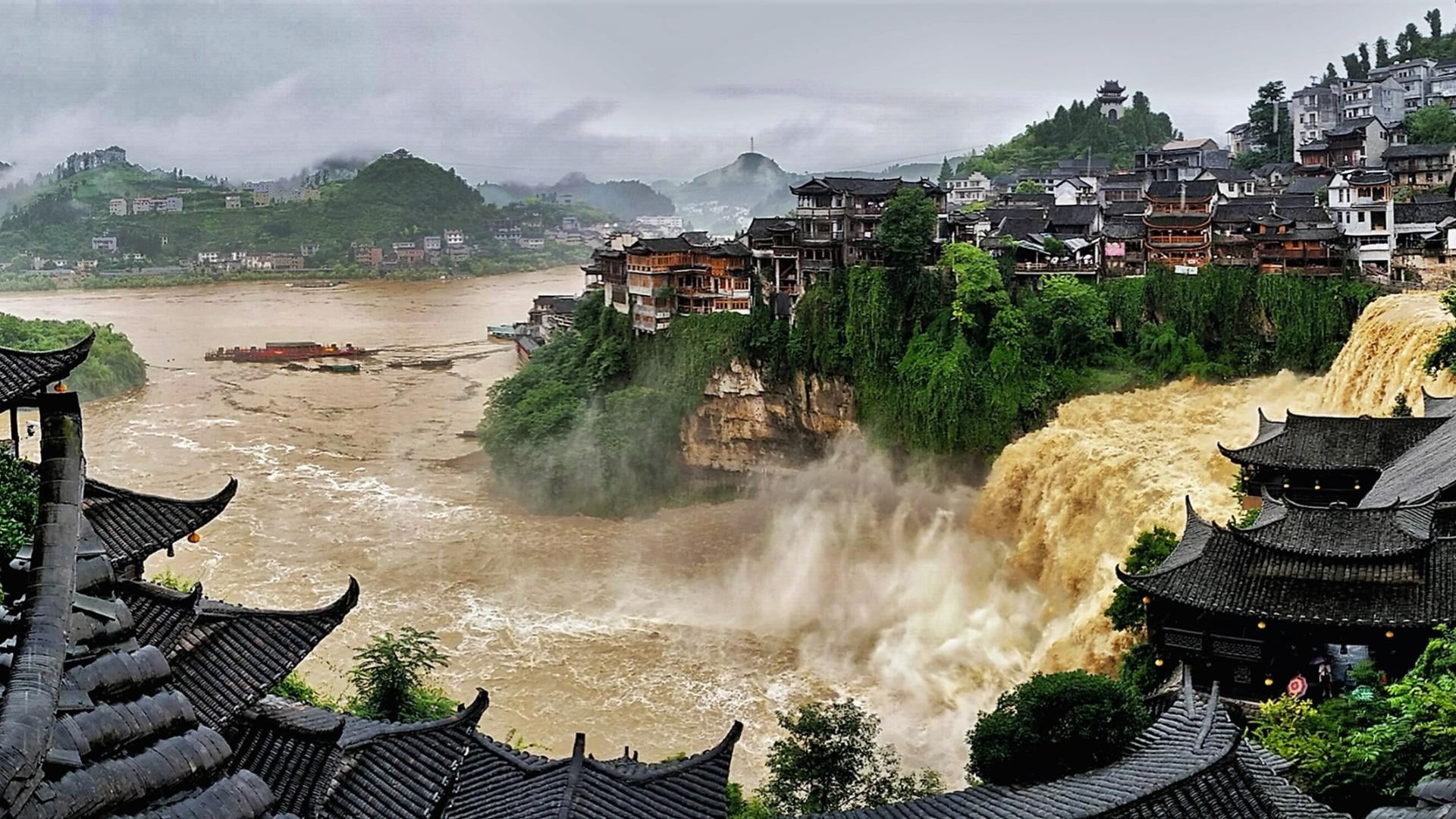 water, no people, travel, outdoors, plant, cloud - sky, hunan, history, built structure, 1080P, waterfall, flooding, city, yongshun, sky, land, mountain, HD Wallpaper