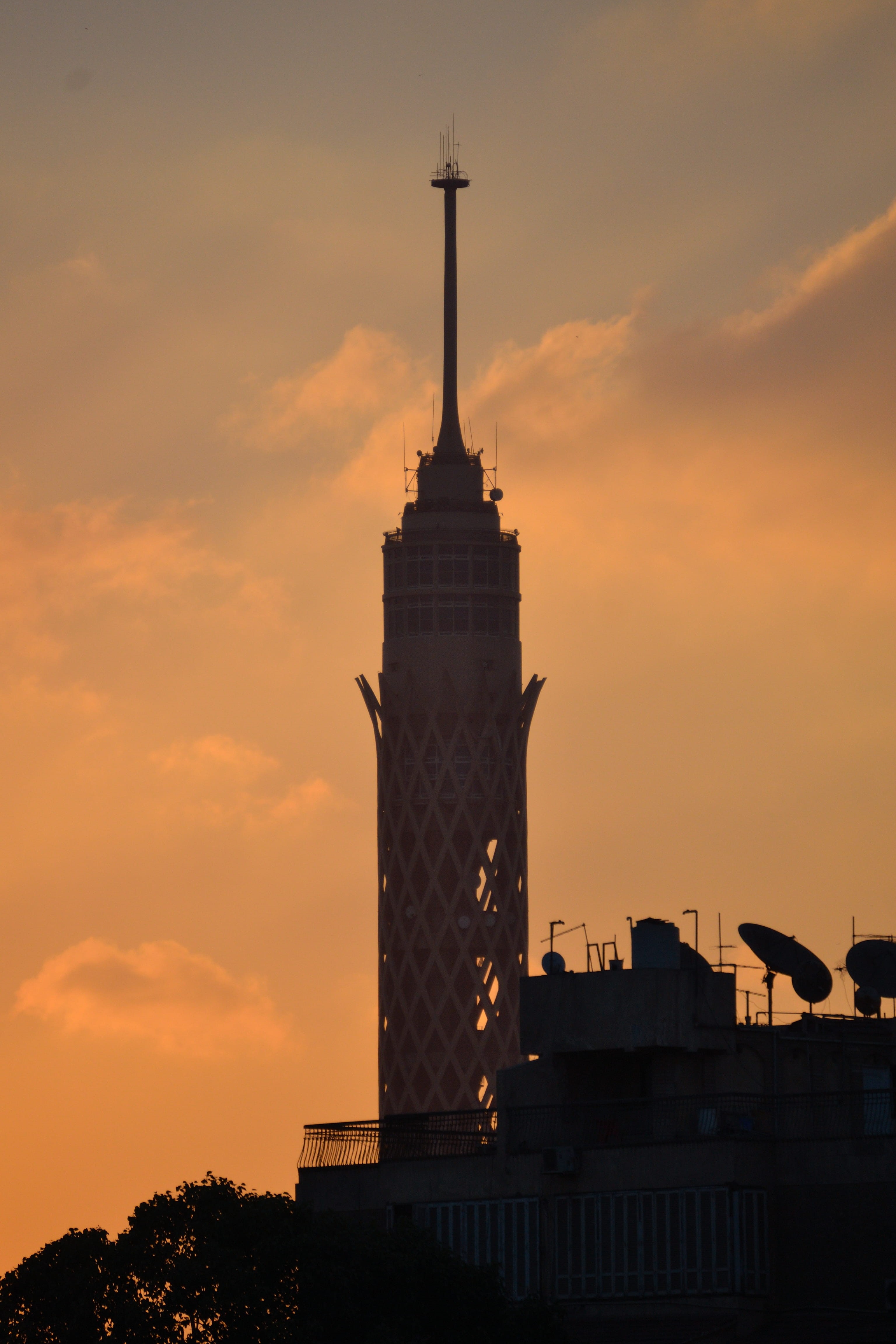 sky, orange color, travel, cairo, cairo tower, silhouette, sunset, architecture, building exterior, tourism, built structure, tower, outdoors, egypt, spire, Phone HD Wallpaper