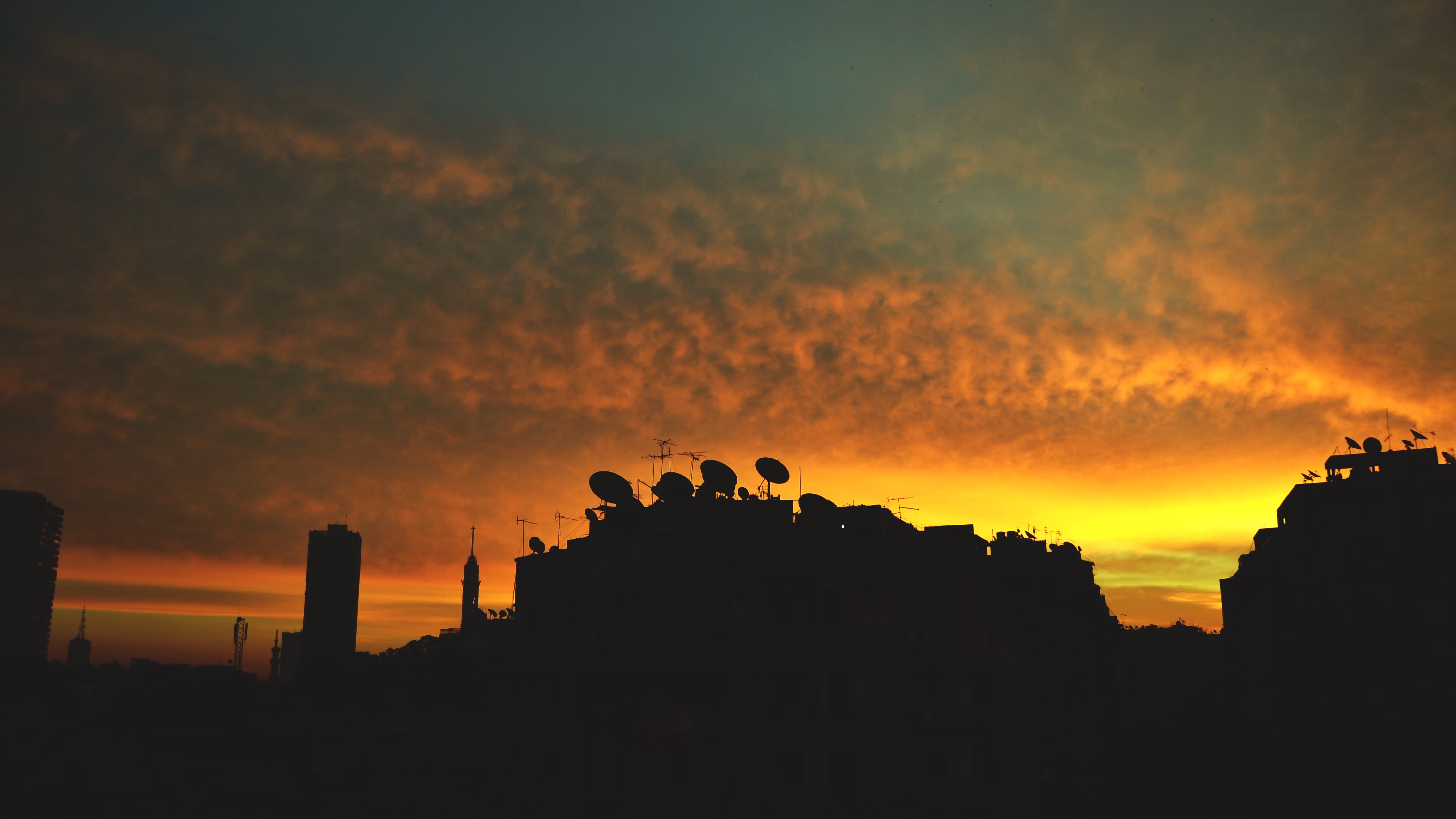 low angle view, idyllic, fire, built structure, sky, beauty in nature, sun, nature, building exterior, silhouette, cairo, dramatic sky, clouds, HD Wallpaper