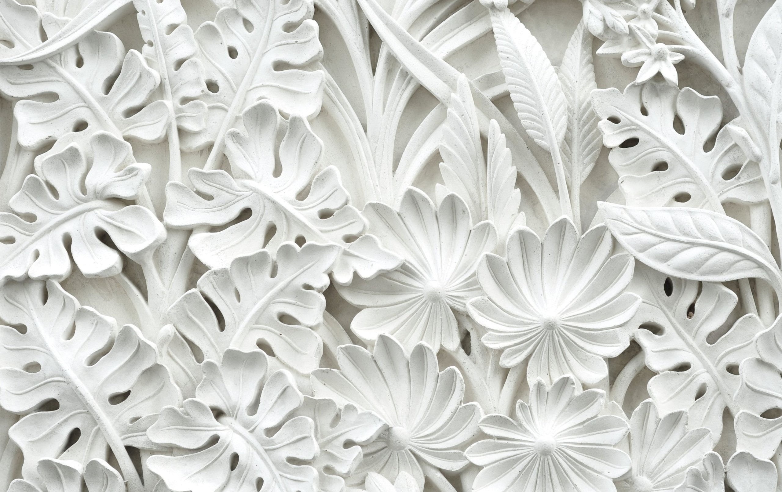 2K, leaves, flowers, pattern, stucco, HD Wallpaper