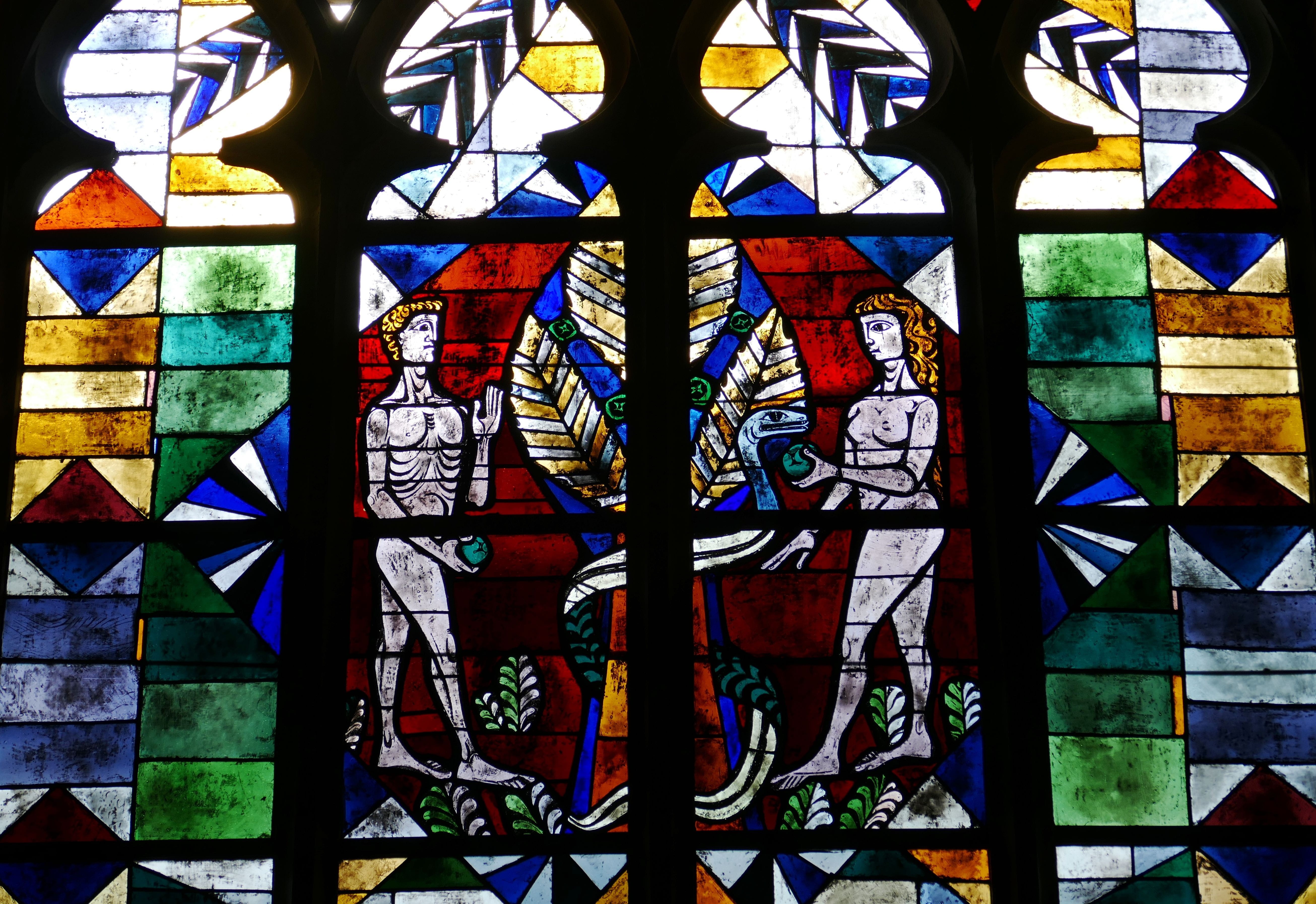 belief, built structure, glass, art and craft, human, snake, faith, place of worship, religion, floral pattern, art, stained glass window, church, spirituality, HD Wallpaper