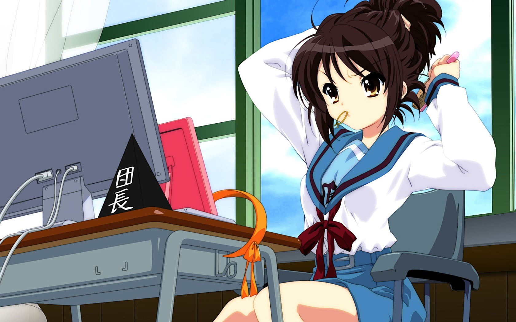 seat, window, indoors, human representation, leisure activity, 720P, real people, day, Suzumiya Haruhi , three quarter length, sky, representation, table, HD Wallpaper