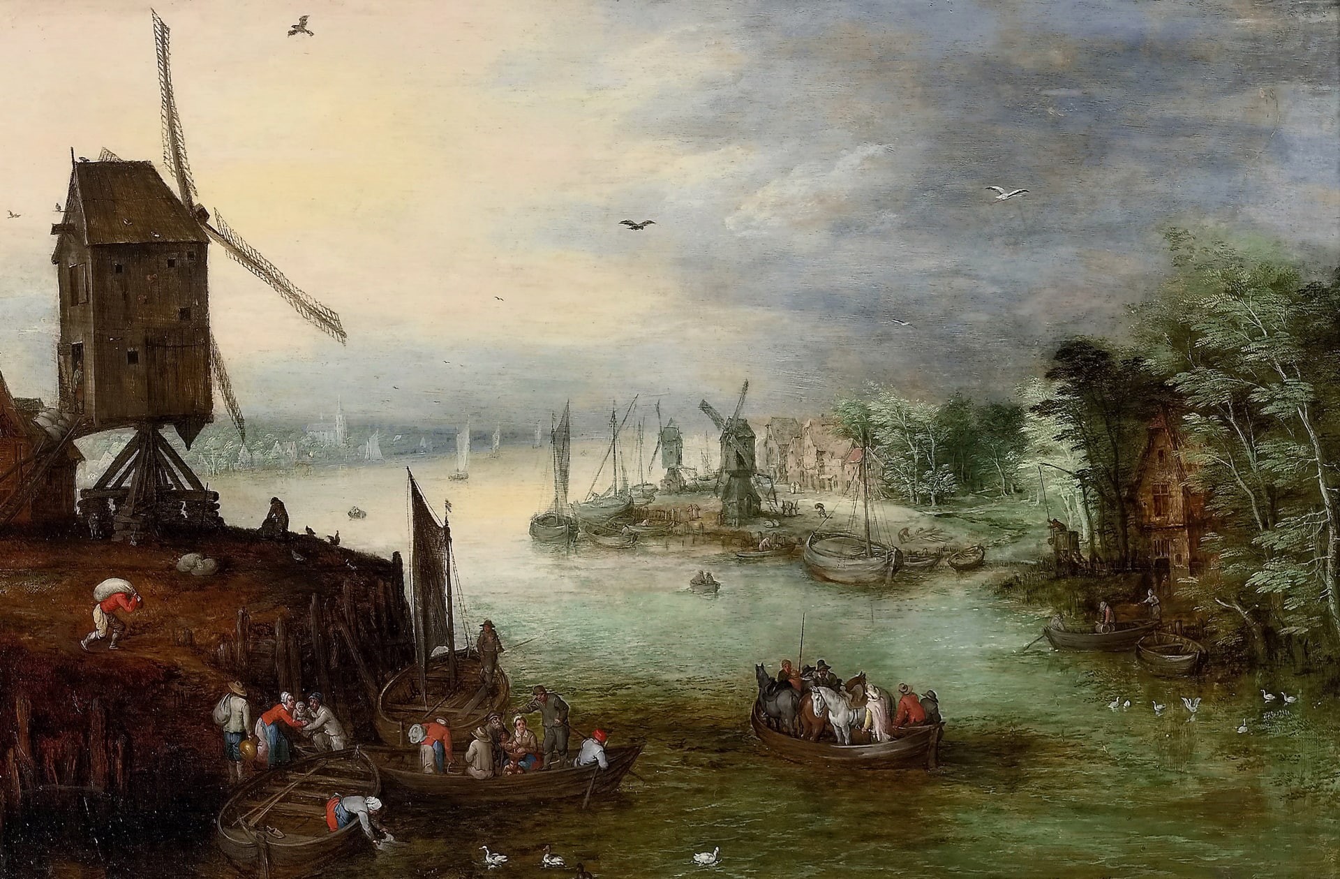 picture, River Landscape with a Mill, Jan Brueghel the younger, boat, 1080P, river, HD Wallpaper