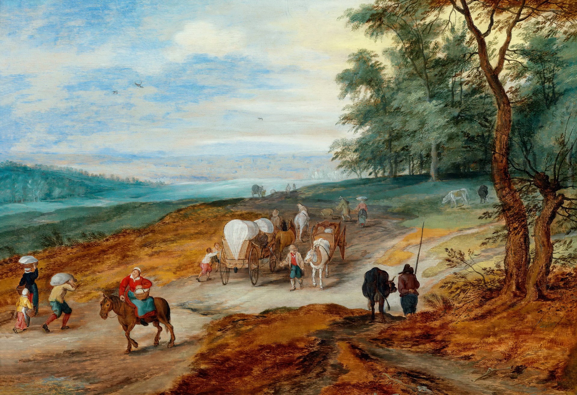 wagon, A landscape with Travelers, Jan Brueghel the younger, picture, people, 1080P, HD Wallpaper