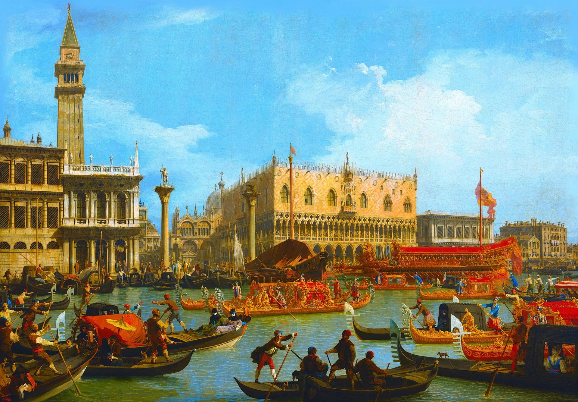 picture, gondola, Canaletto, boats, the urban landscape, Giovanni Antonio Canal, 1080P, Venice, The return of Bucintoro to the Mall at the Palazzo Ducale, HD Wallpaper