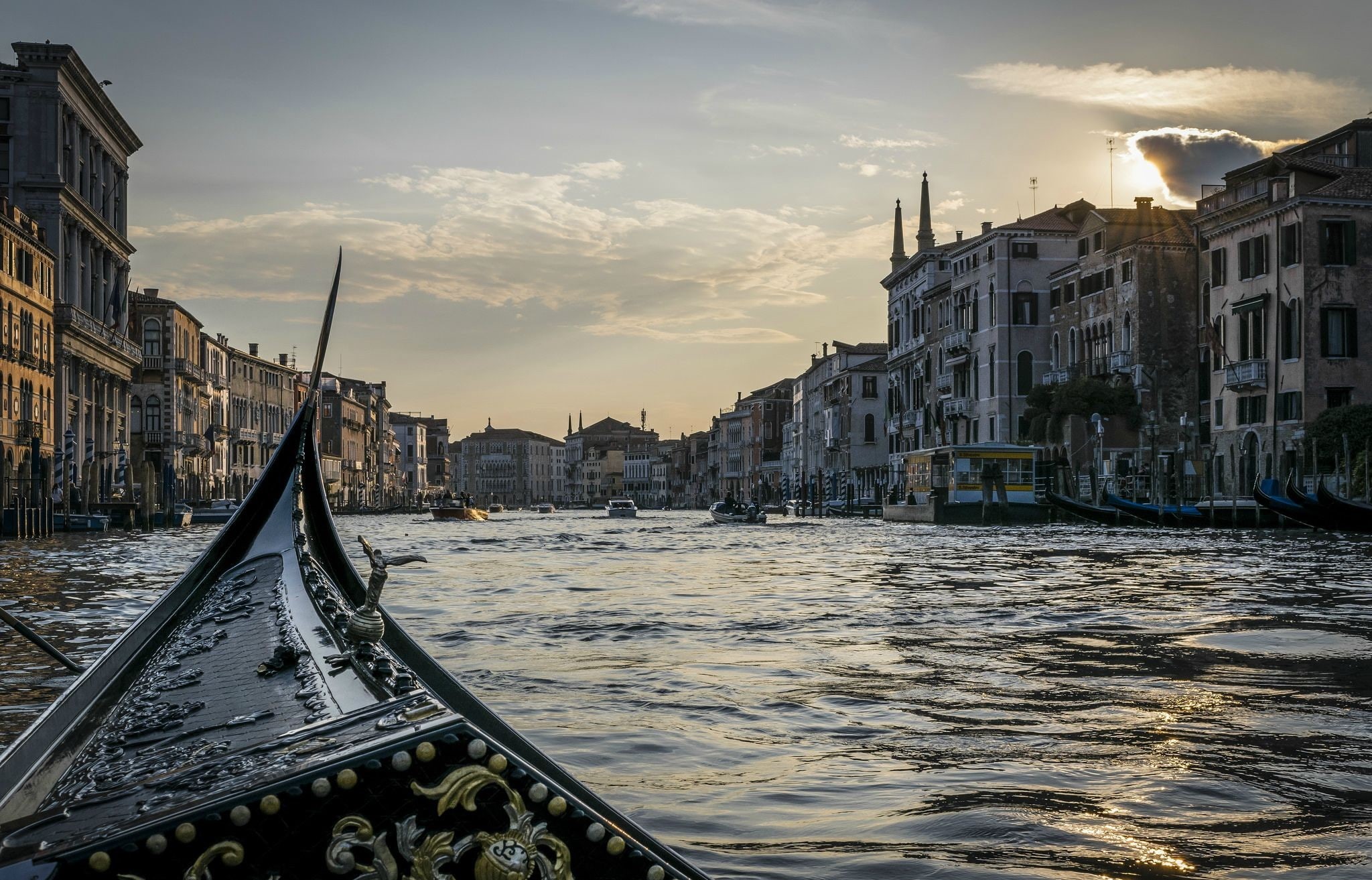 canal, 1080P, dusk, point of view, gondolas, Venice, HD Wallpaper