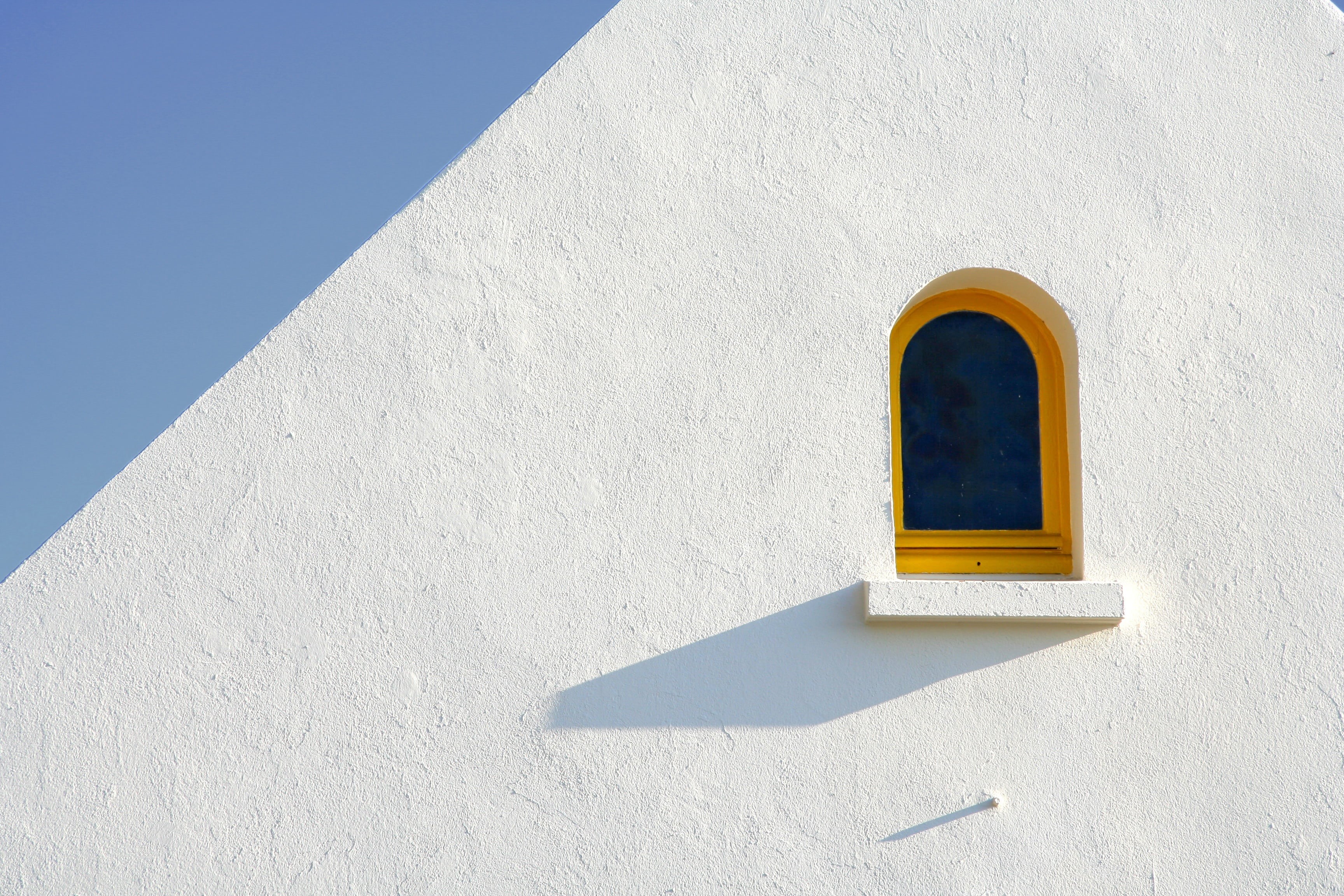 clean, low angle view, wall - building feature, built structure, yellow, day, minimal, sunlight, building exterior, blue, outdoors, closed, 2K, whitewashed, HD Wallpaper