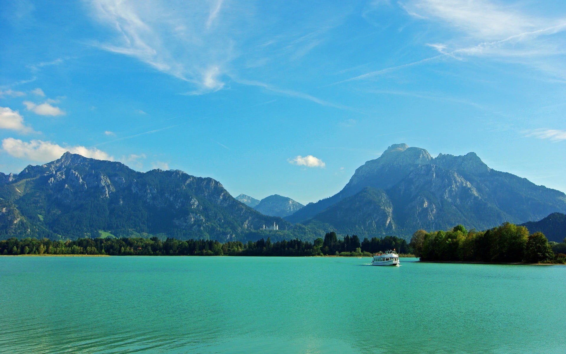 landscape, blue, sky, Neuschwanstein Castle, ship, 1080P, waterfront, no people, tree, tranquility, white, day, mountain, nautical vessel, transportation, HD Wallpaper