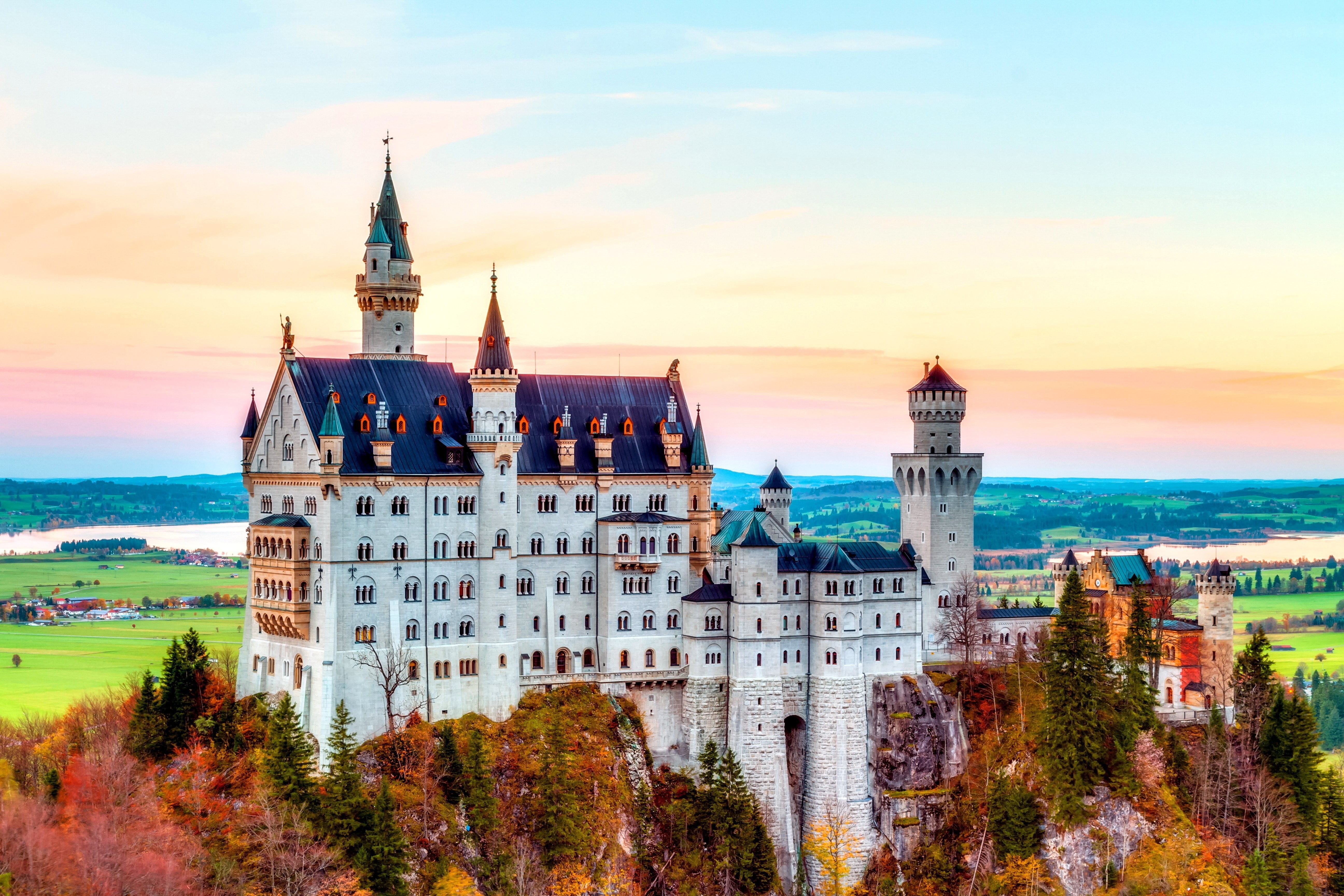 5K, sunset, tree, built structure, building exterior, travel, tourism, nature, cloud - sky, building, landscape, Neuschwanstein Castle, sky, sea, spire, HD Wallpaper