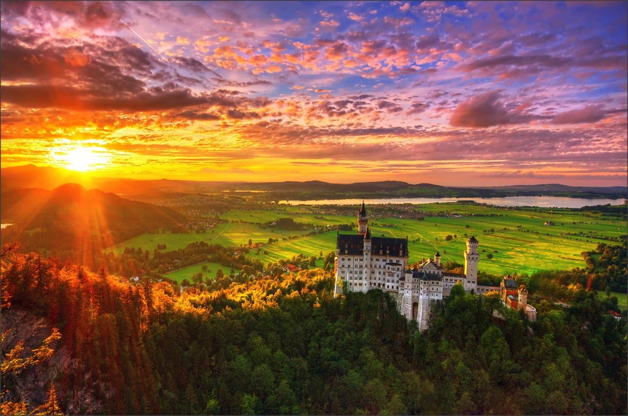 mountain, environment, no people, sun, plains, Neuschwanstein Castle, scenics - nature, sunlight, sky, sunbeam, 480P, nature, beauty in nature, building exterior, HD Wallpaper