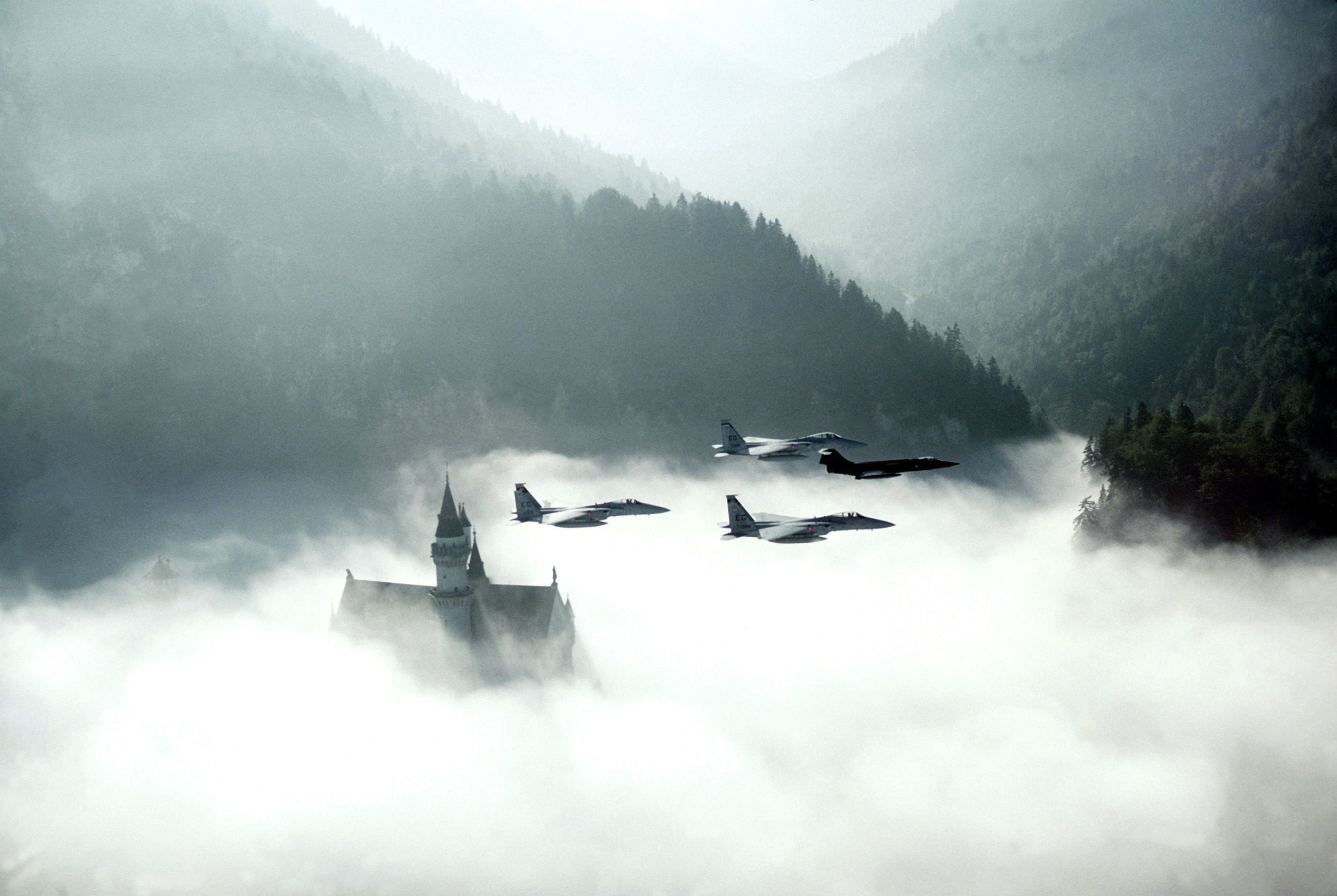 beauty in nature, scenics - nature, animals in the wild, Neuschwanstein Castle, no people, group of animals, 2K, airplane, F15 Eagle, sky, mountain, bird, HD Wallpaper