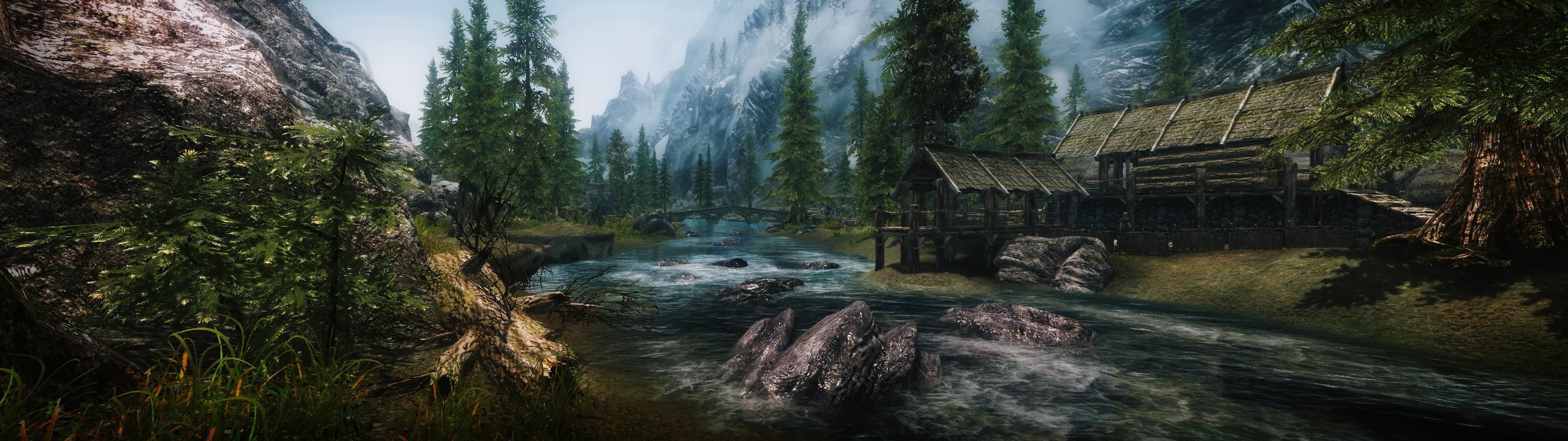stream - flowing water, outdoors, 4K, rainforest, day, rock, the elder scrolls v skyrim mods nature landscape multiple display river, environment, no people, HD Wallpaper