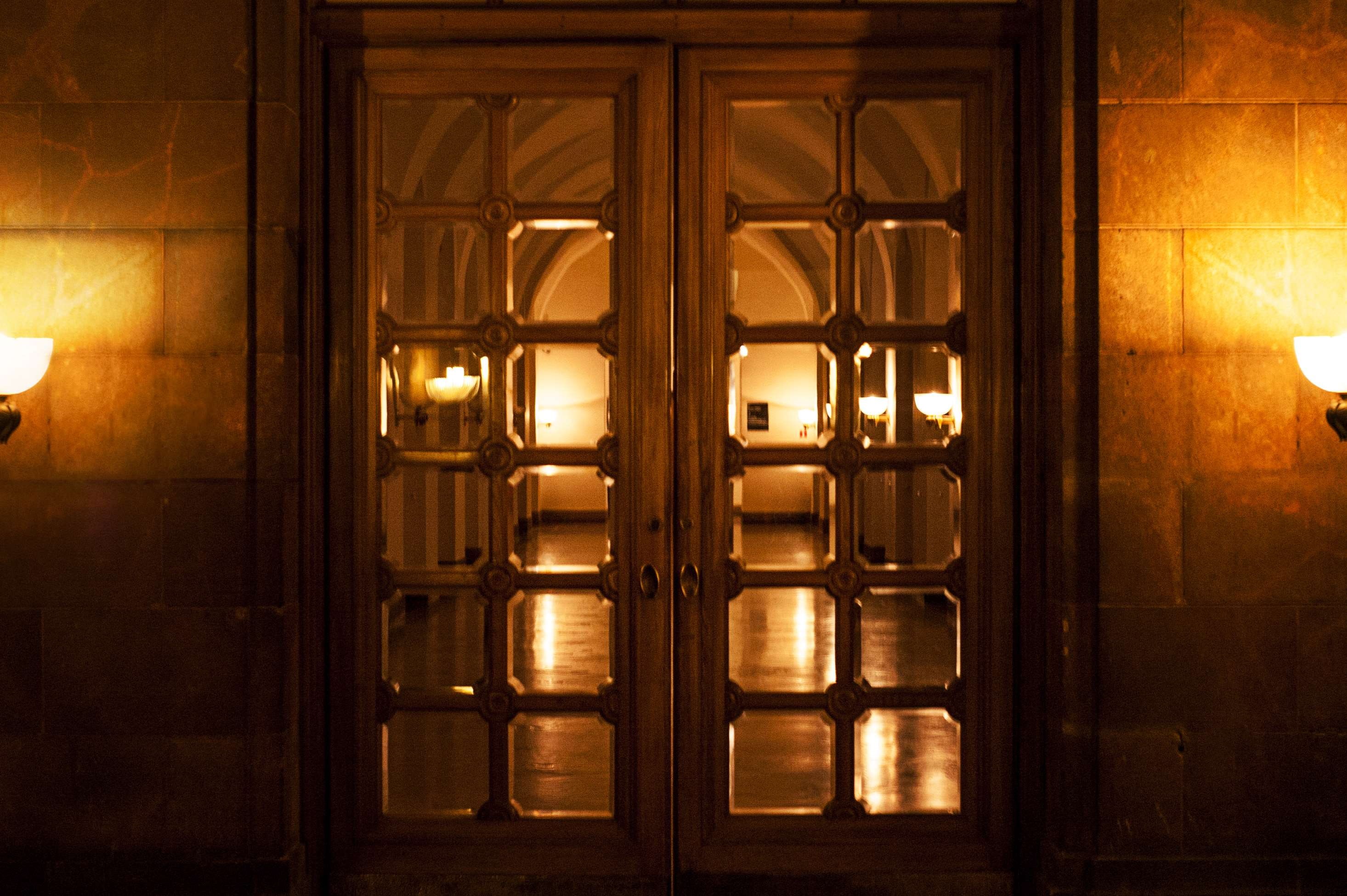 built structure, lighting equipment, doorway, castle, reflection, illuminated, closed, building, mirror, door, indoors, ornate, electric lamp, 2K, no people, HD Wallpaper