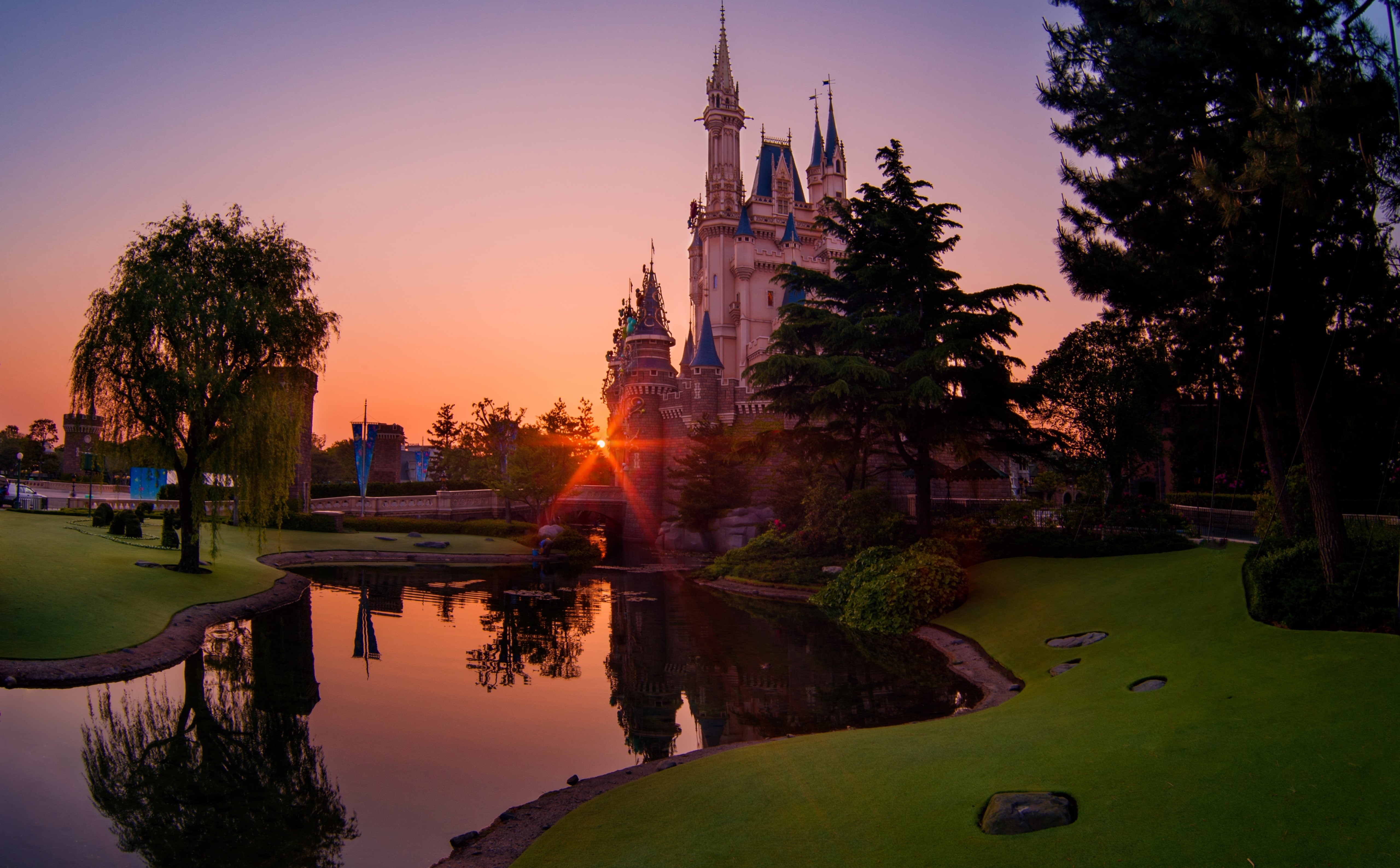 tokyo, Japan, travel destinations, built structure, sunset, tree, Cinderella Castle, place of worship, belief, plant, no people, reflection, outdoors, 5K, HD Wallpaper