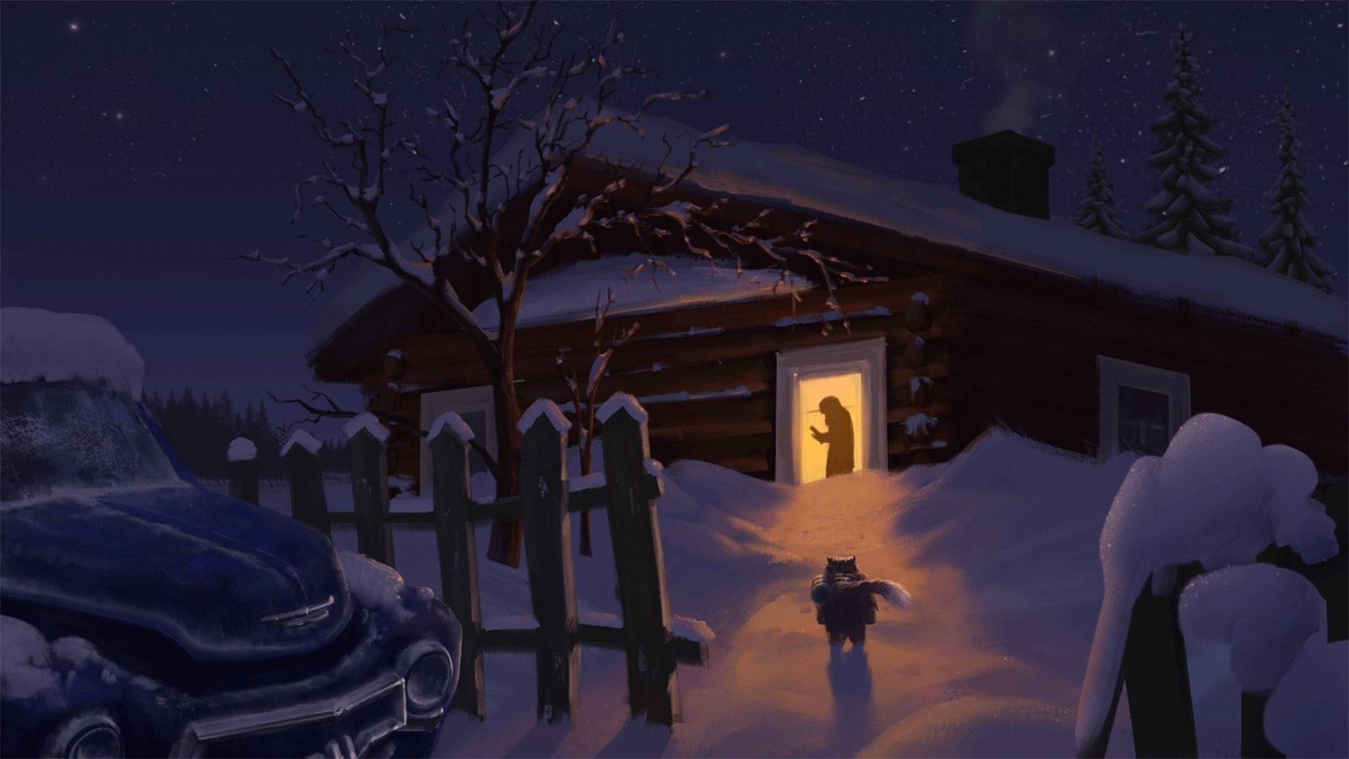 cat, snow, village, Andrew Biological, cats journey, winter, house, 1080P, return, artist, HD Wallpaper