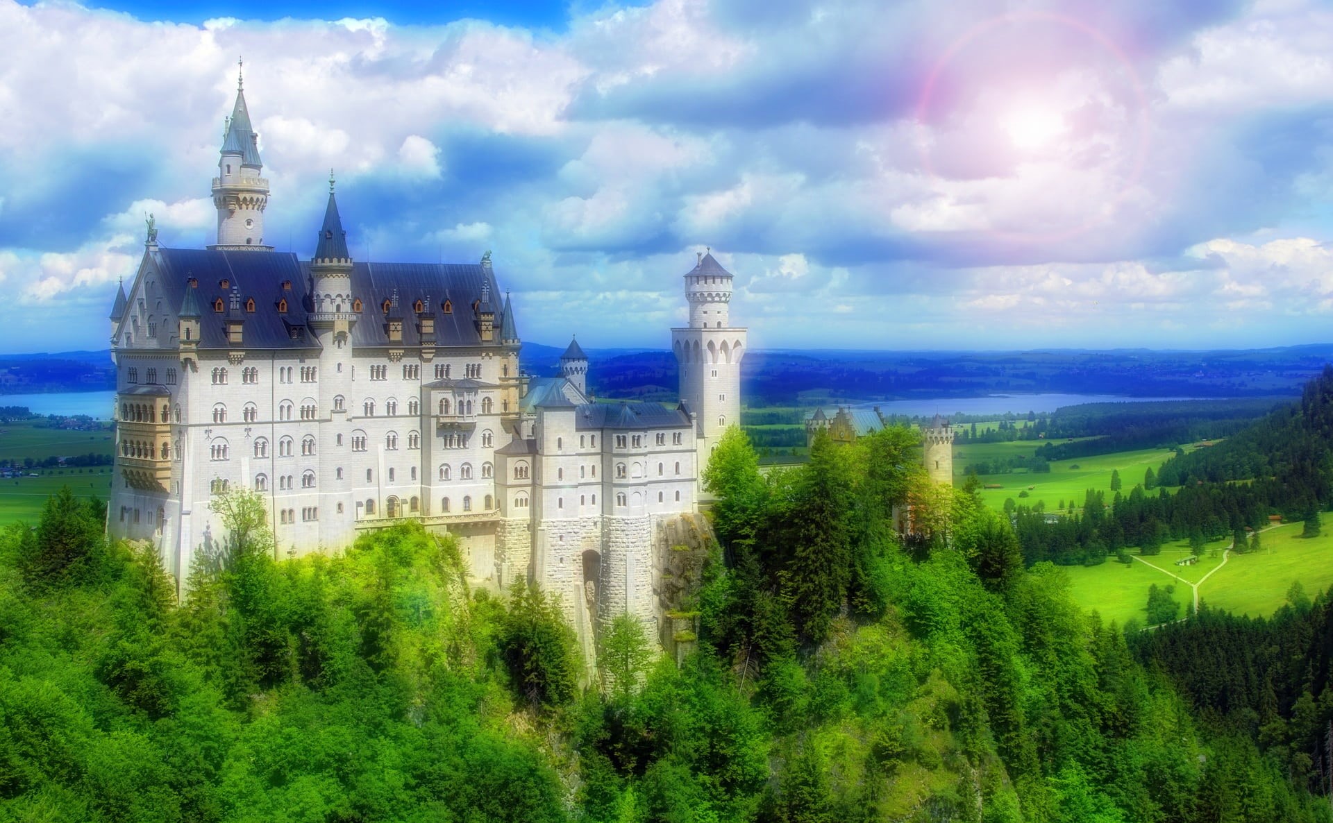 architecture, building, fantasy, travel destinations, trees, blue, tree, spire, ethereal, tower, fairy tale, the past, travel, sky, growth, fairytale, medieval, HD Wallpaper