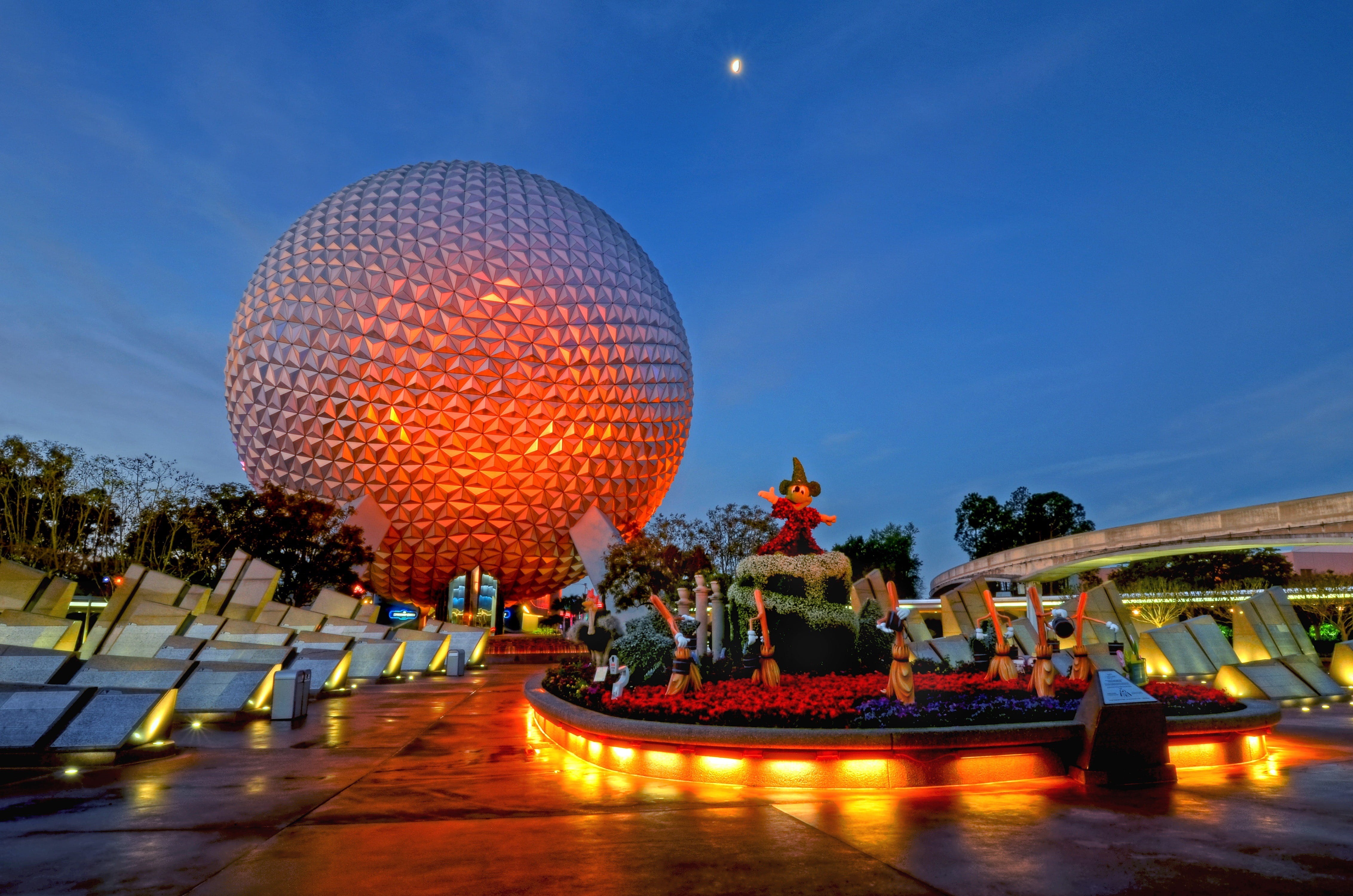 night, walt disney world, metallic, outdoors, blue, blurred motion, monument, built structure, nature, arts culture and entertainment, travel destinations, HD Wallpaper