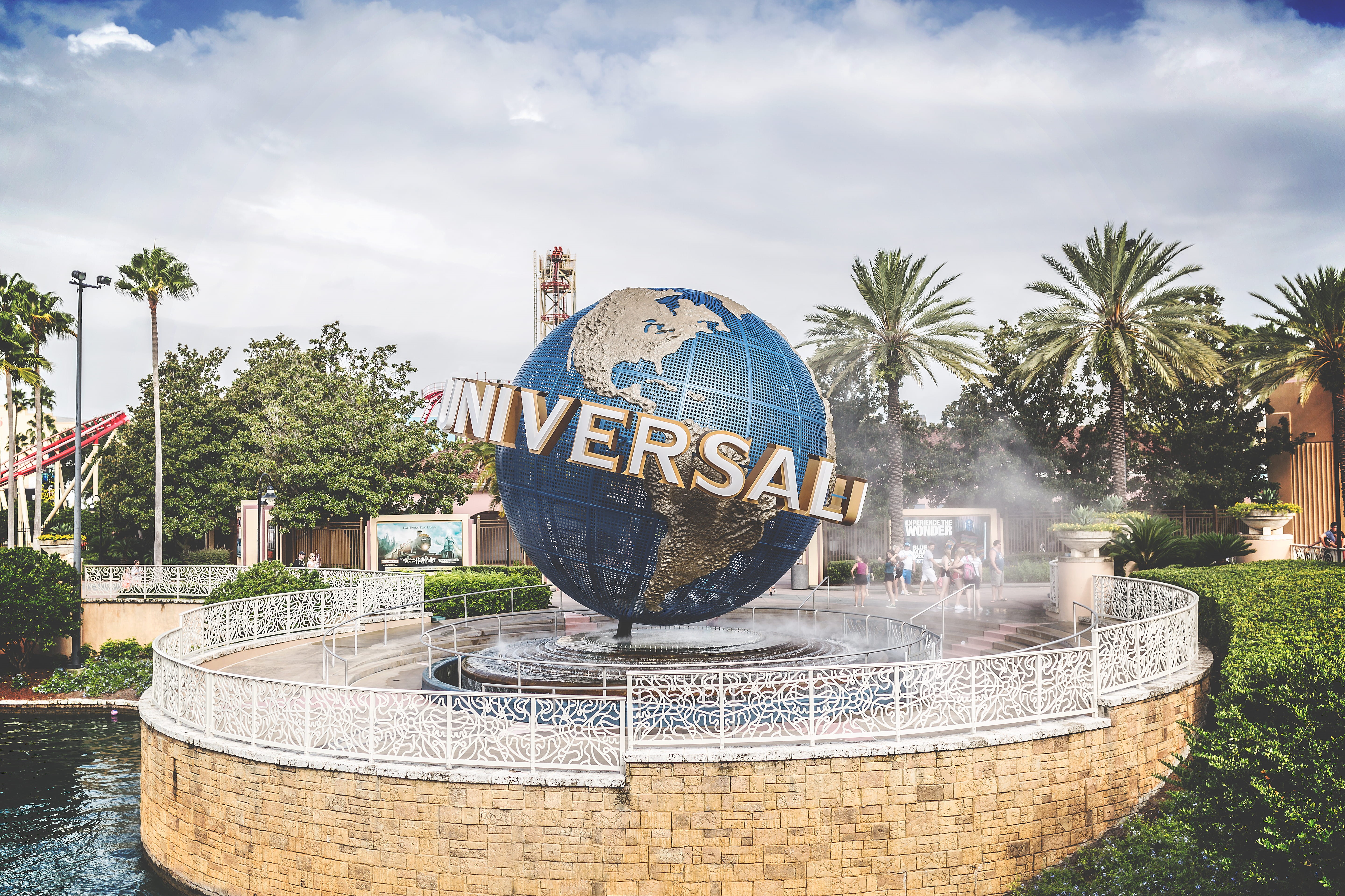 fountain, sky, earth, communication, architecture, no people, tree, outdoors, theme park, globe, plant, florida, water, sculpture, universal orlando resort, HD Wallpaper