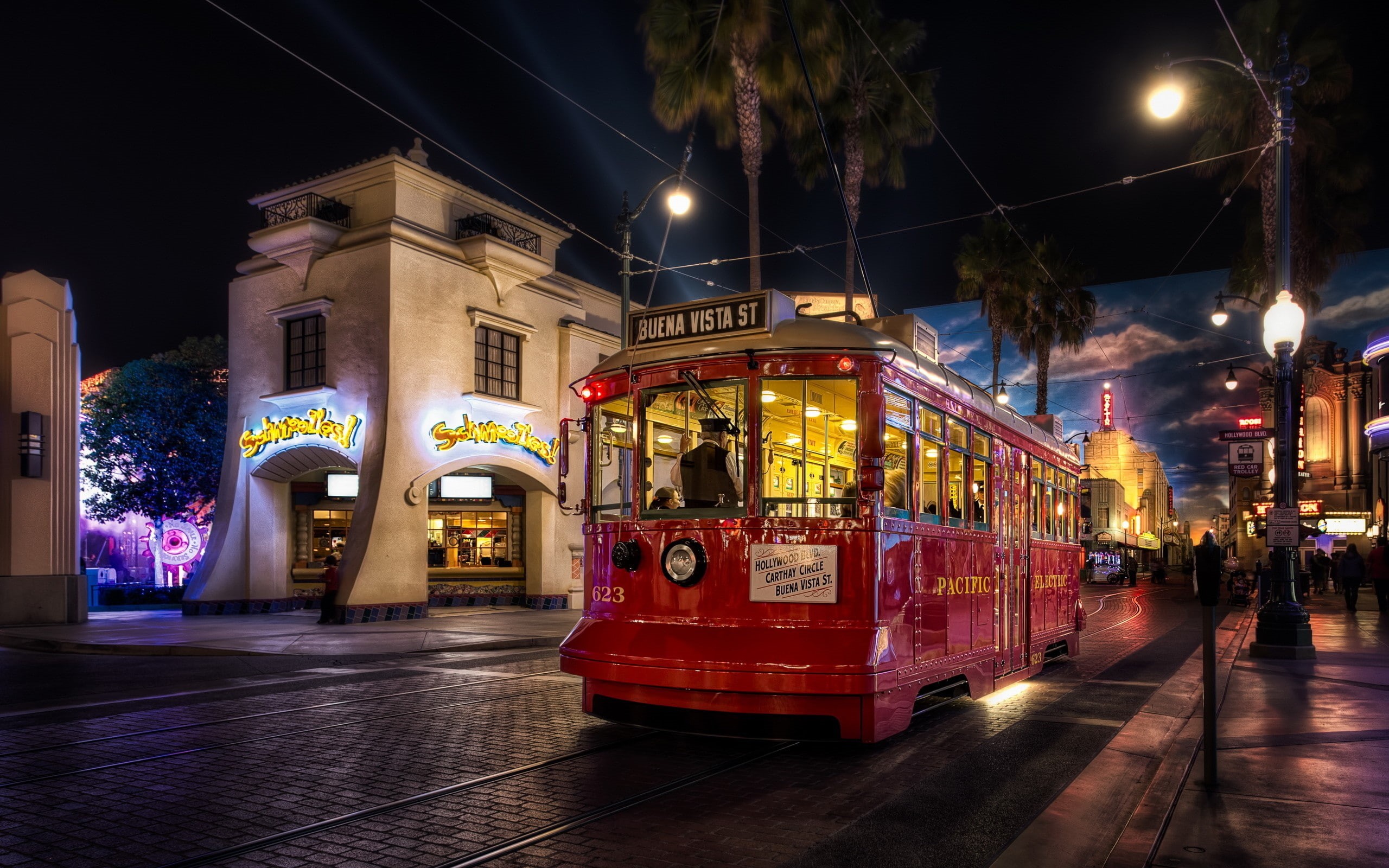 public transportation, motion, incidental people, Disneyland, travel destinations, outdoors, road, light, street light, city street, cable car, HDR, vehicle, HD Wallpaper