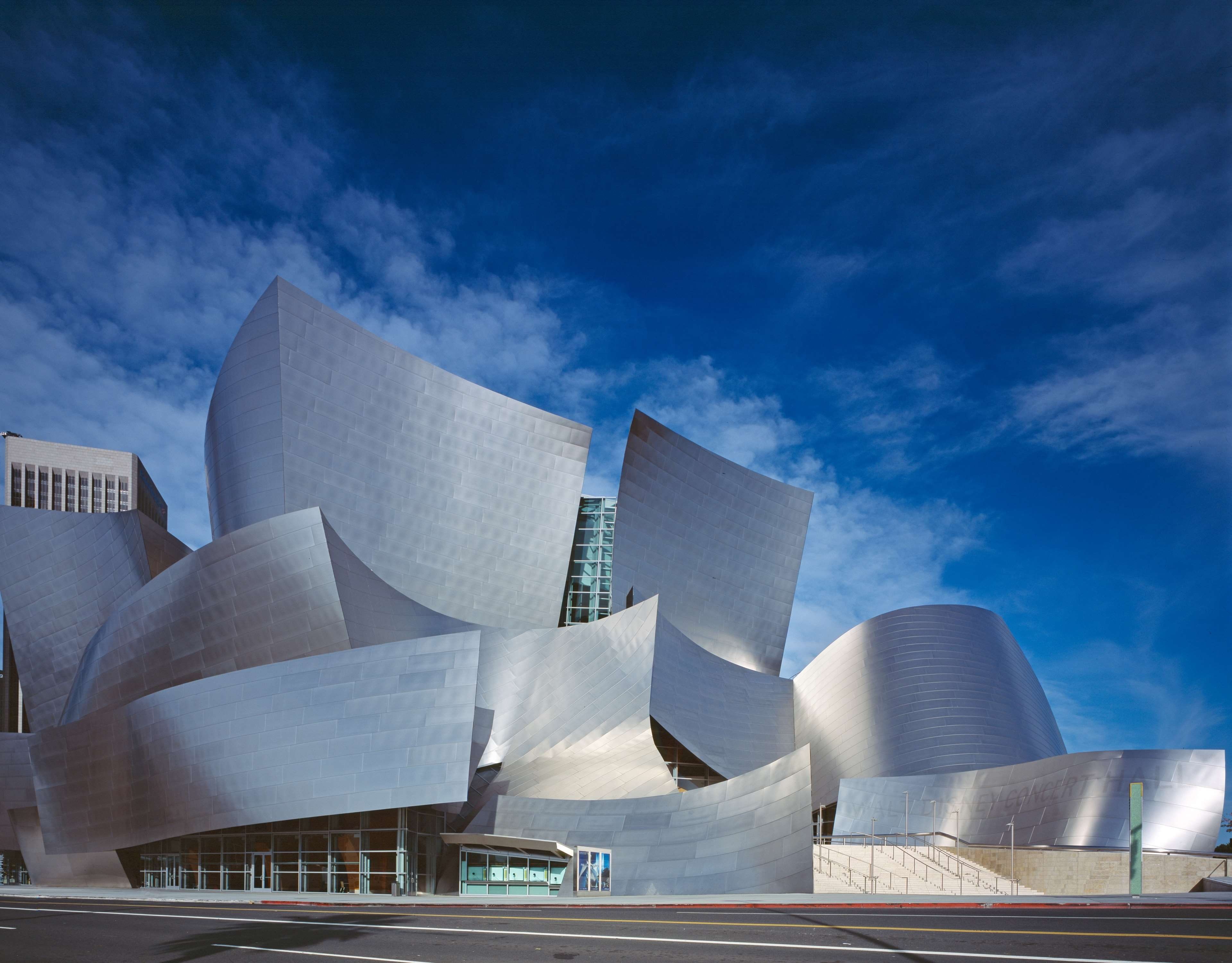 walt disney c, blue, built structure, travel, blue sky, los angeles, sky, building, sunlight, united states, america, abstract, hall, landmark, low angle view, HD Wallpaper