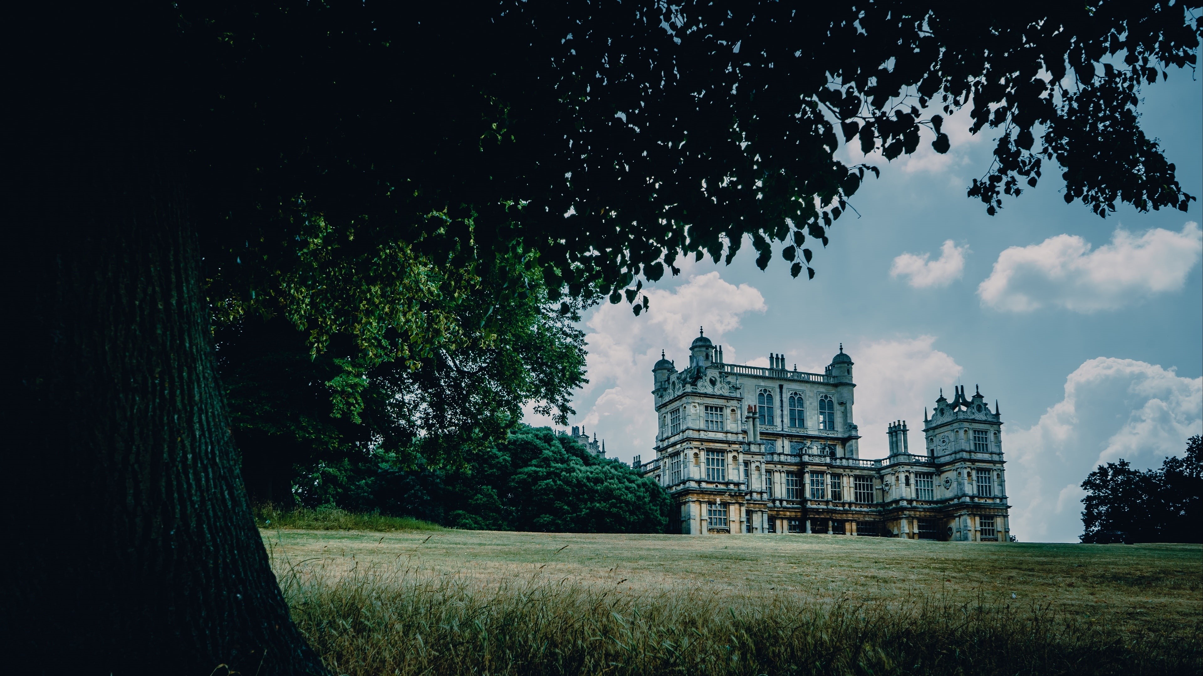 4K, landmark, park, deer park, grass, england, wollaton hall, castle, building, nottingham, architecture, landscape, tree, united kingdom, nature, cloud, HD Wallpaper