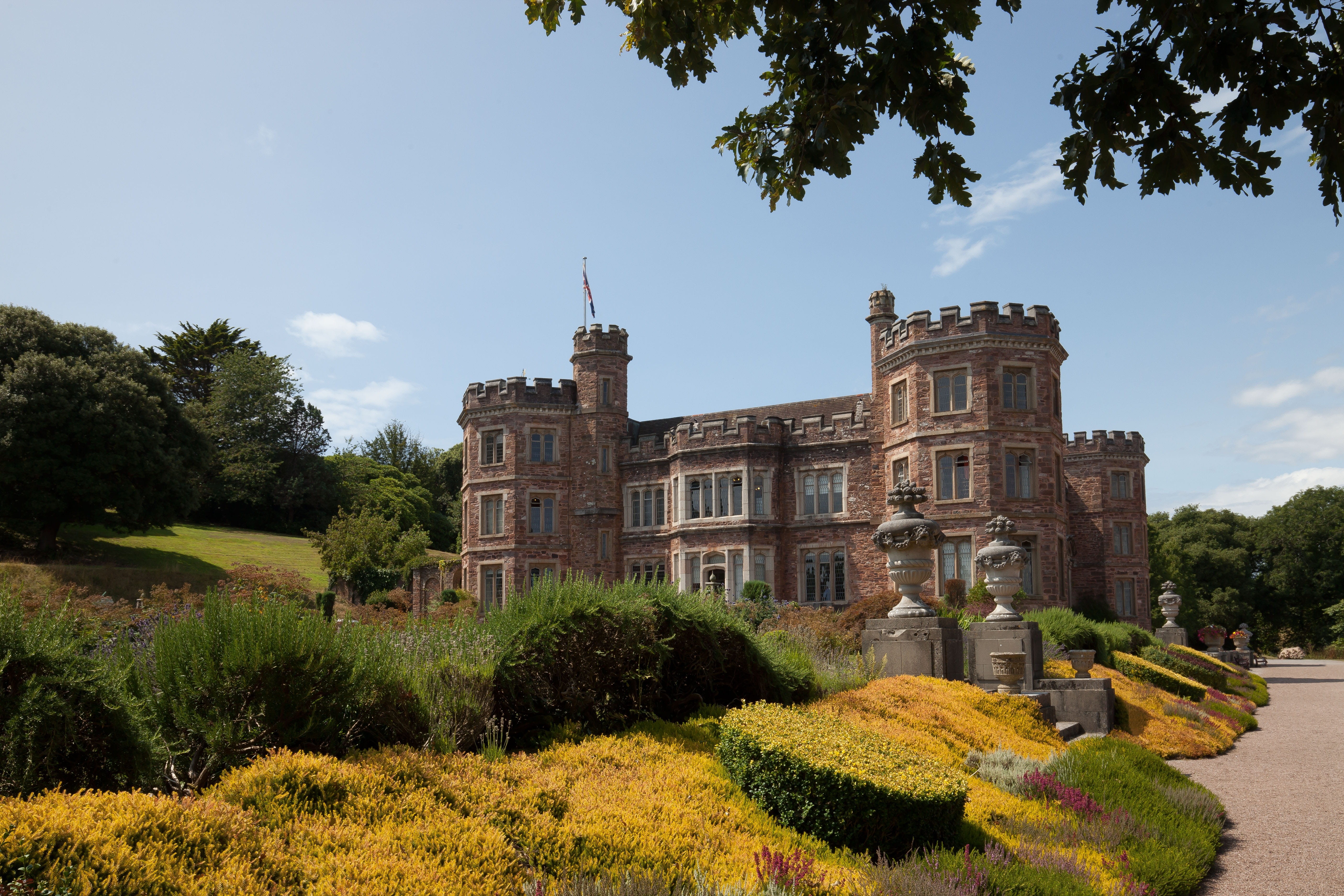 built structure, flowerbed, hedge, towers, grass, no people, architecture, flower, garden, trees, county, shrubs, manor house, brown, country house, 5K, HD Wallpaper