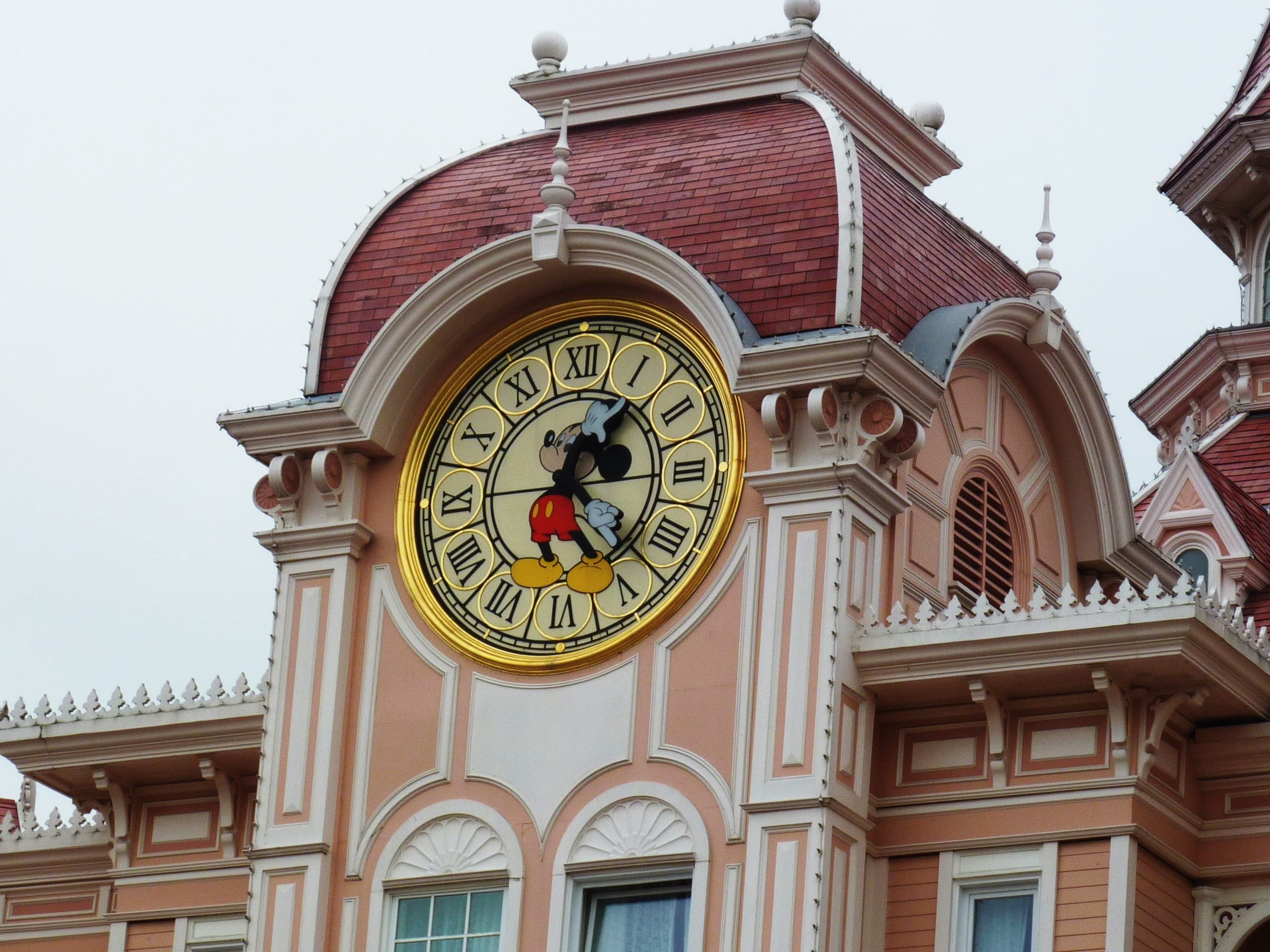 clock face, Theme Park, France, old, residential district, day, time, sky, clear sky, outdoors, Disneyland, 2K, instrument of time, low angle view, building exterior, HD Wallpaper