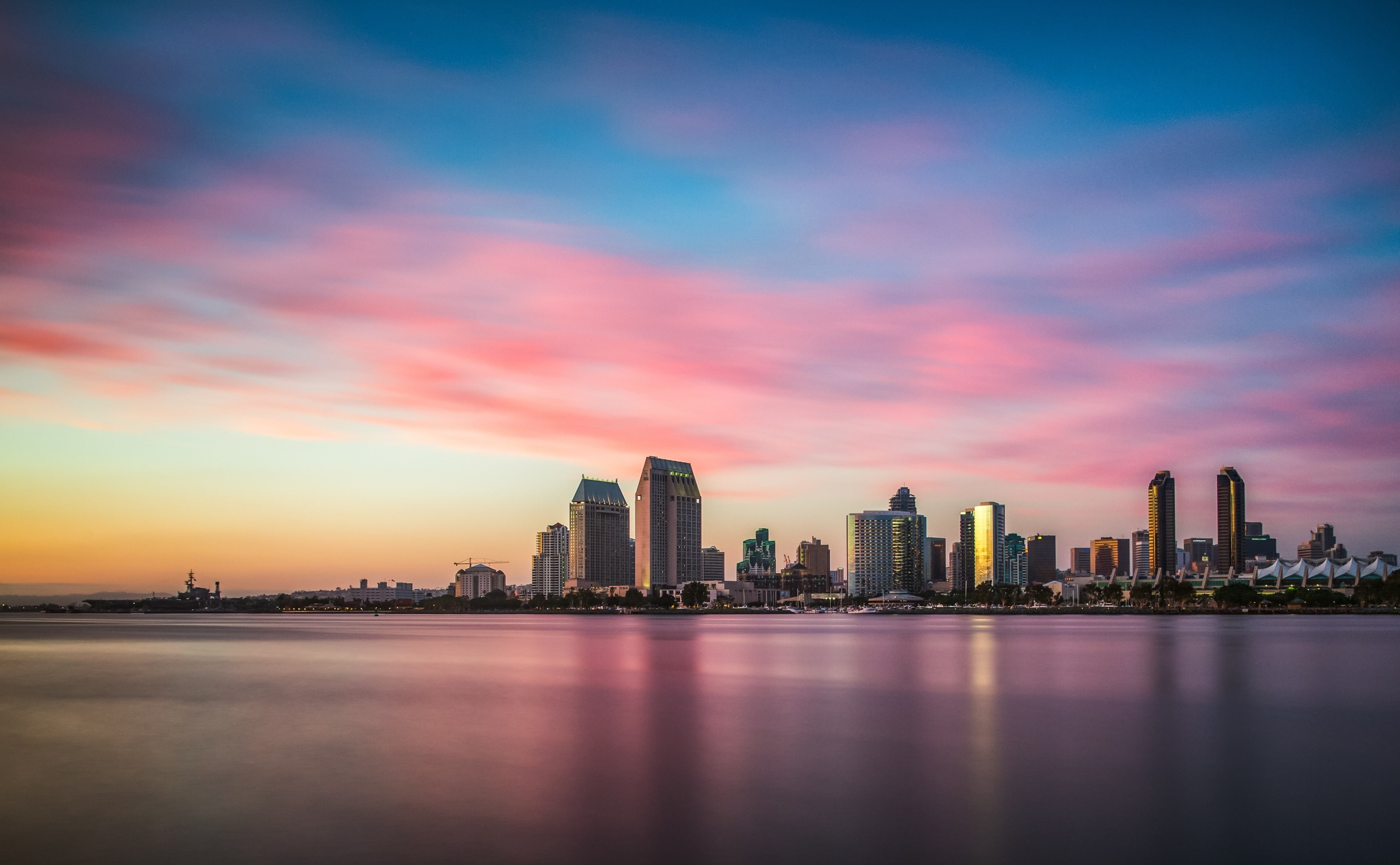 ndfilter, illuminated, waterfront, sandiego, outdoors, cloud - sky, coronado, urban skyline, tall - high, 4K, office building exterior, City, canon5dmarkiii, HD Wallpaper