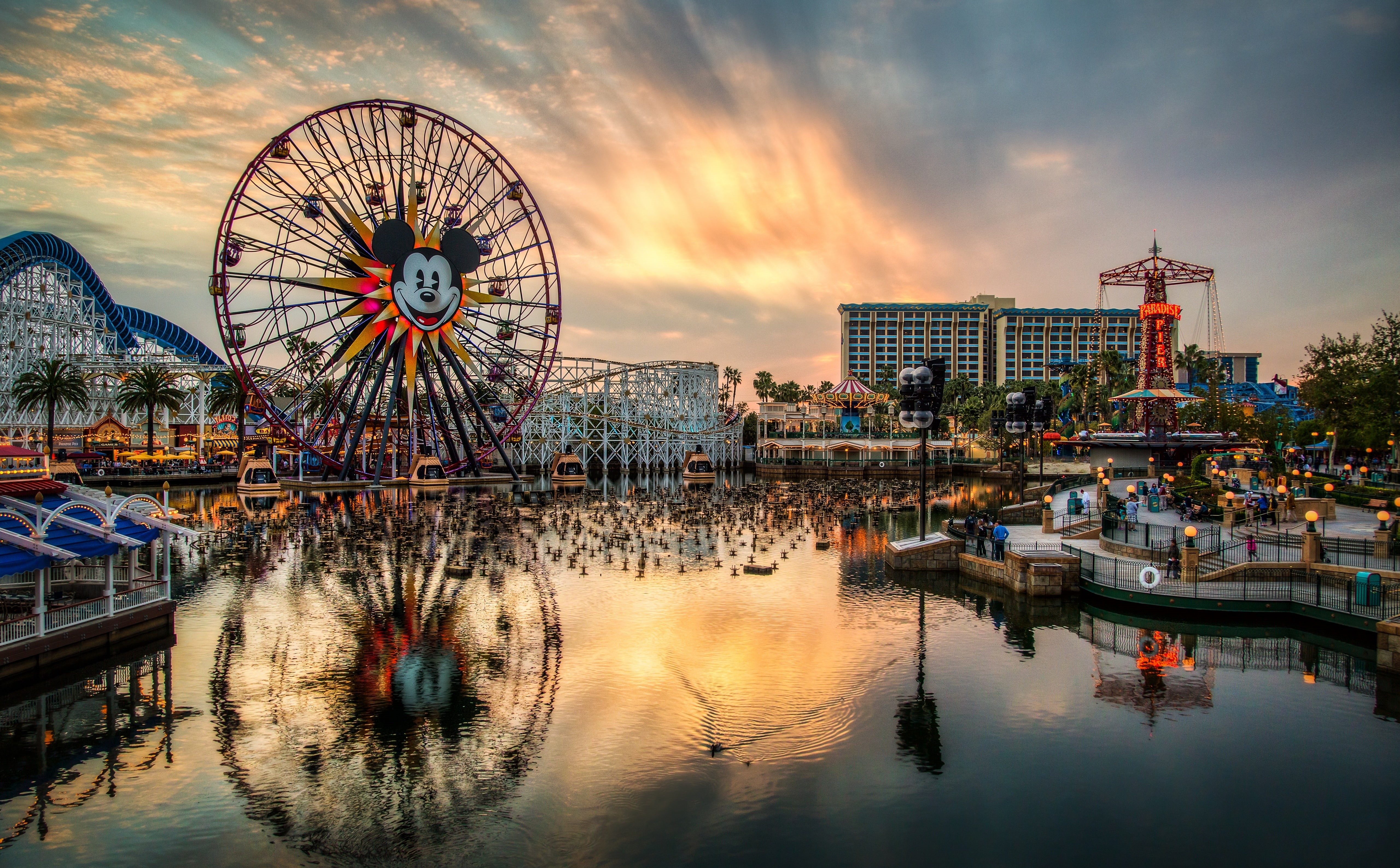 ferris wheel, sunset, mode of transportation, wheel, outdoors, reflection, mouse, cloud - sky, nature, sky, 5K, building exterior, United States, no people, HD Wallpaper