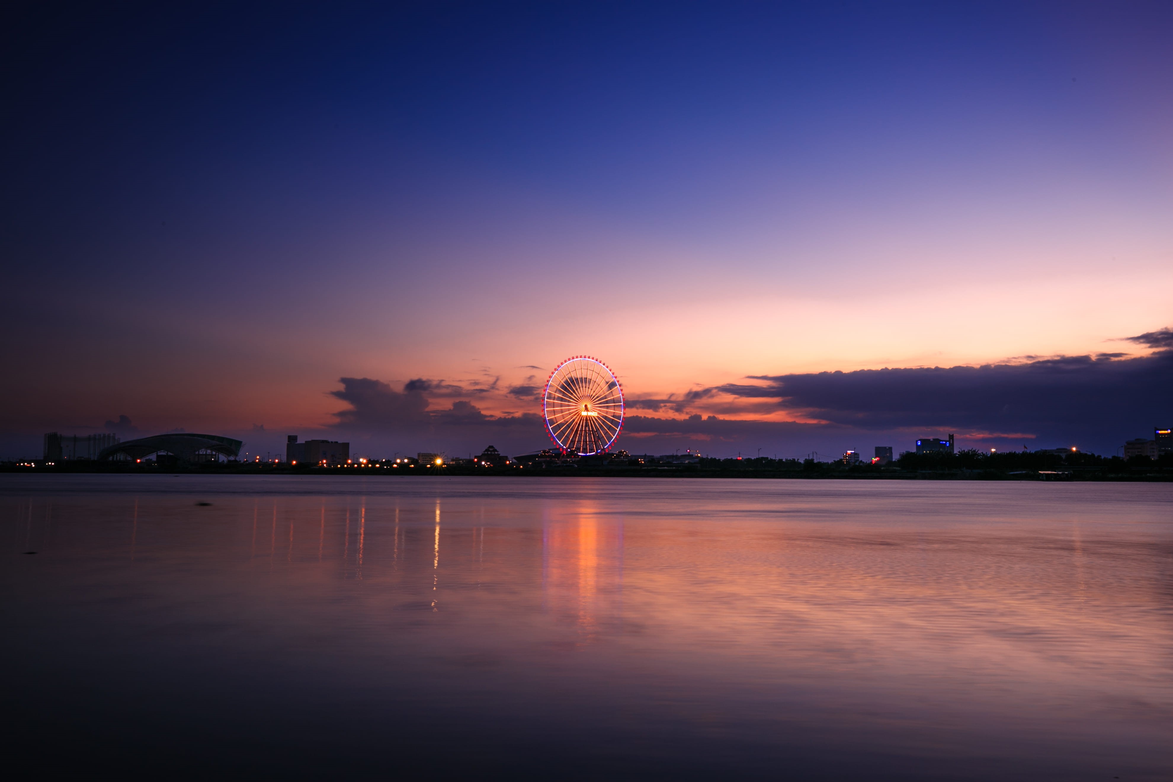 wheel, evening, reflection, built structure, scenics - nature, cloudscape, city, outdoors, architecture, sunset, no people, summer, waterfront, dawn, dusk, HD Wallpaper