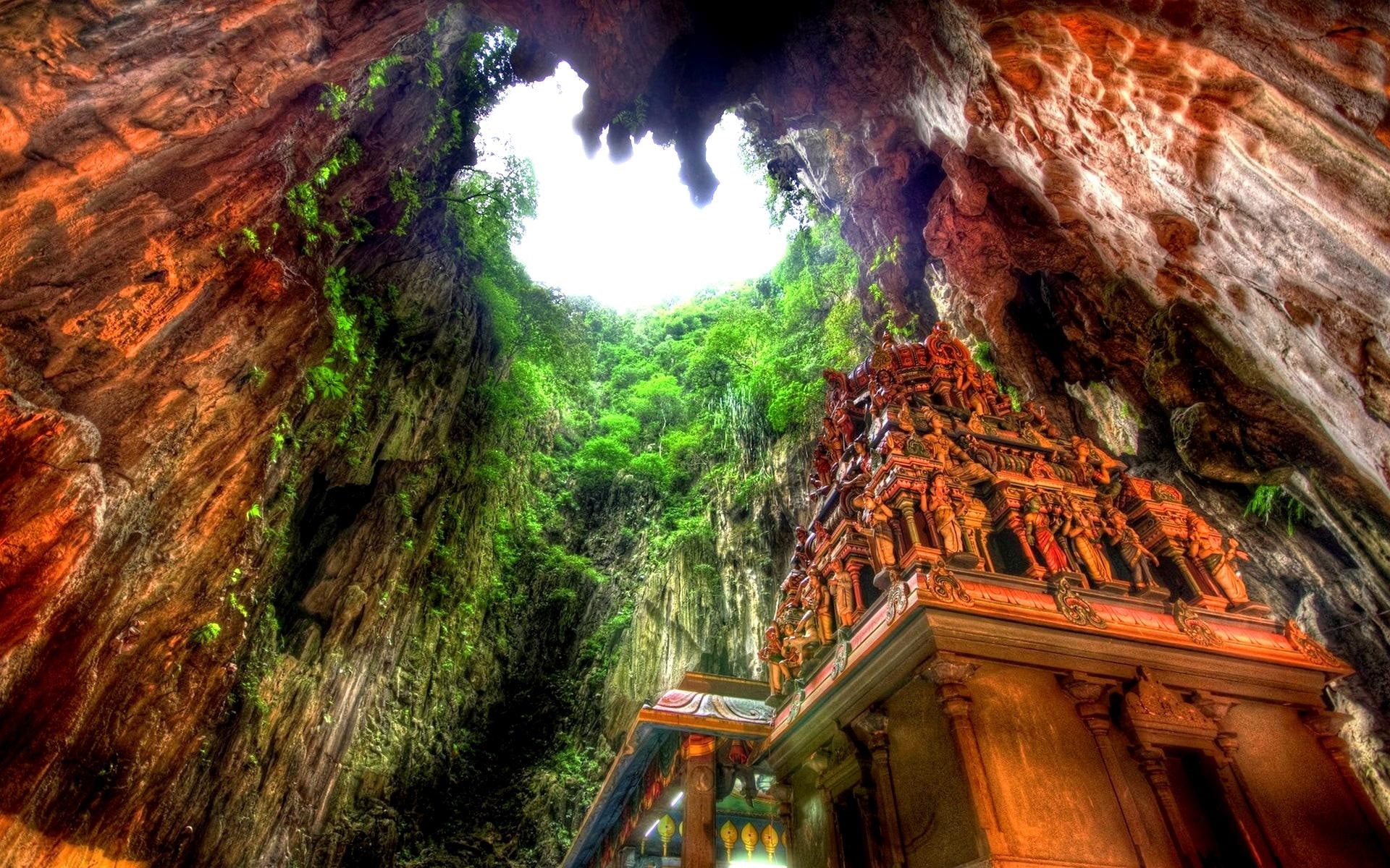 1080P, nature and landscapes, structure, cave, inside, temple, zoom shot, tunnel, divine, brown, green, trees, castle, hindu, HD Wallpaper