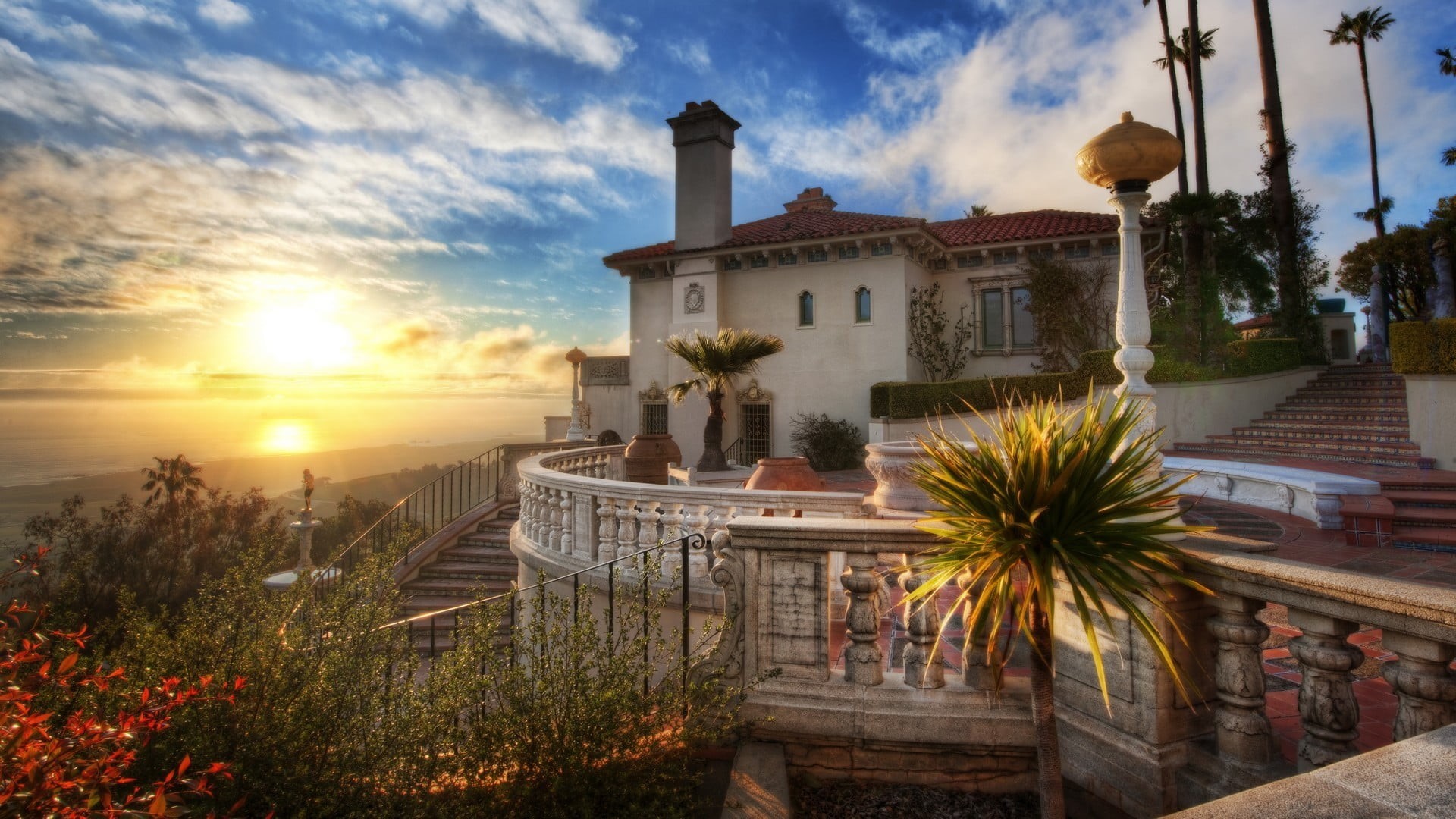nature, outdoors, residential district, California, building exterior, hearst castle, travel destinations, sky, no people, house, 1080P, sunset, sun, brown, HD Wallpaper