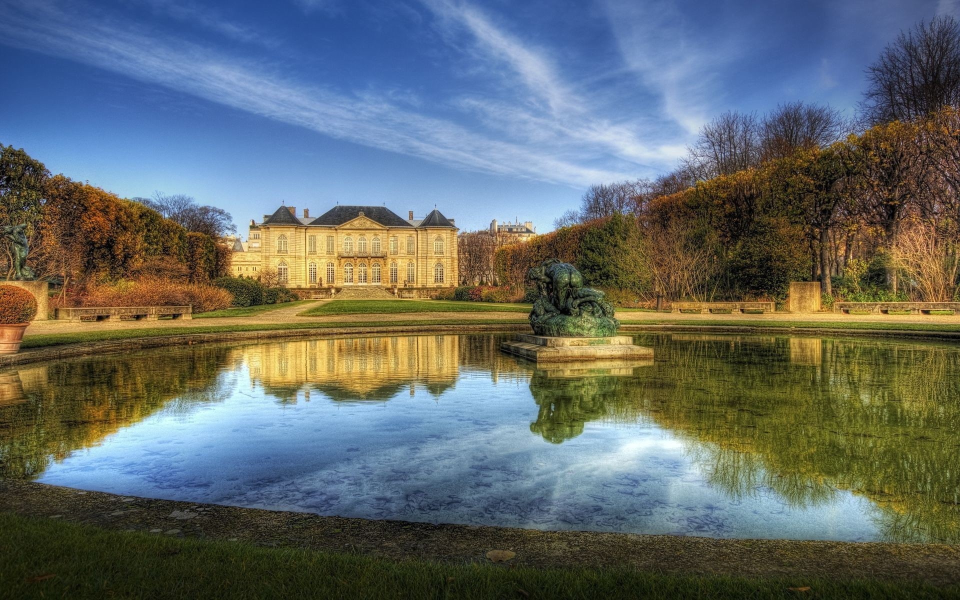 reflection, bench, HDR, clouds, sculpture, 1080P, building, castle, Chateau Rodin, fall, Paris, nature, trees, mansions, park, garden, landscape, France, HD Wallpaper