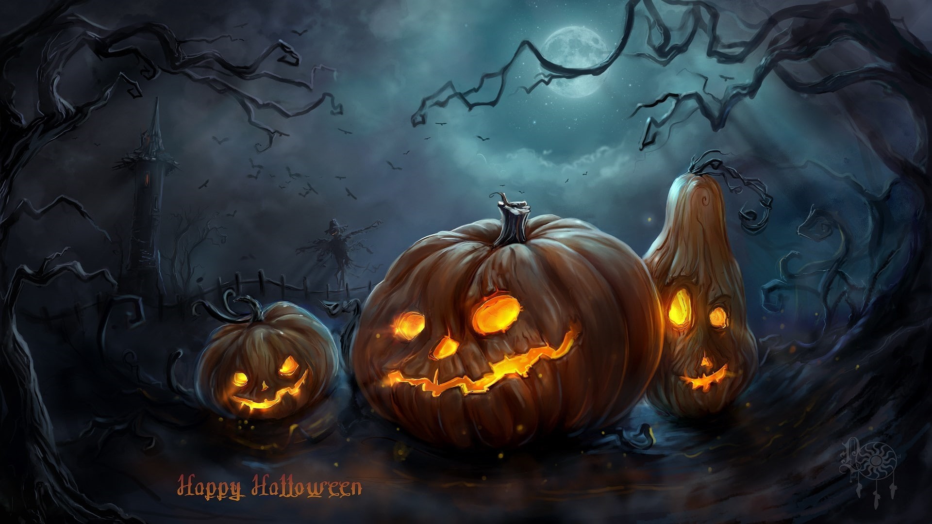1080P, spooky, jack o lantern, halloween, halloween night, night, pumpkin, holiday, darkness, HD Wallpaper