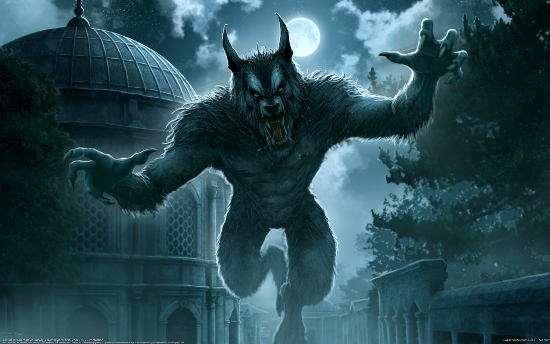 horror, Werewolf, light, halloween, architecture, night, Full, wolf, fangs, wolves, animals, Evil, 1080P, Beyit, Dark, clouds, Moon, buildings, spooky, HD Wallpaper