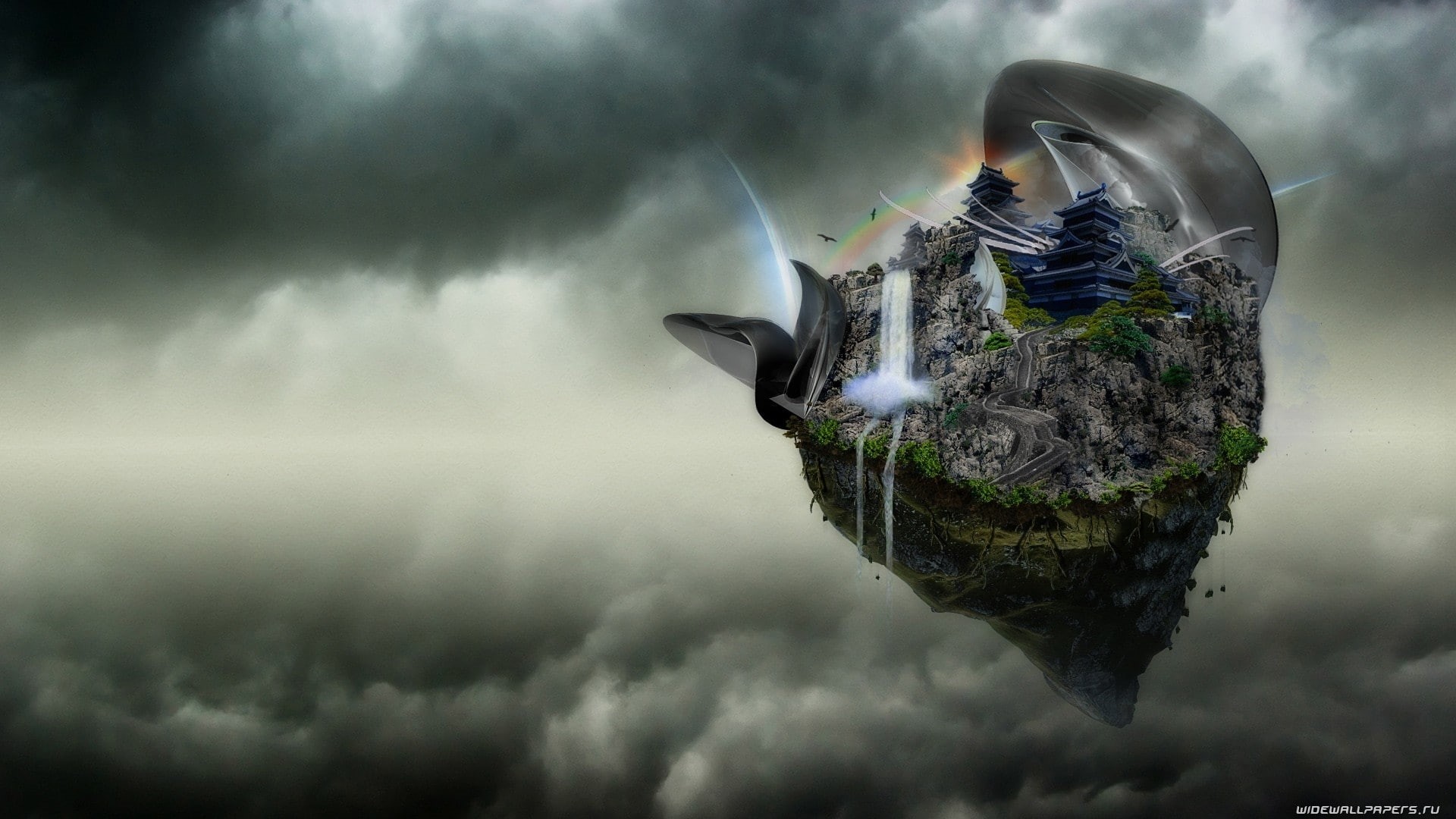 digital, islands, clouds, waterfall, art, buildings, nature, oriental, 1080P, castles, dream, asian, sky, fantasy, architecture, HD Wallpaper