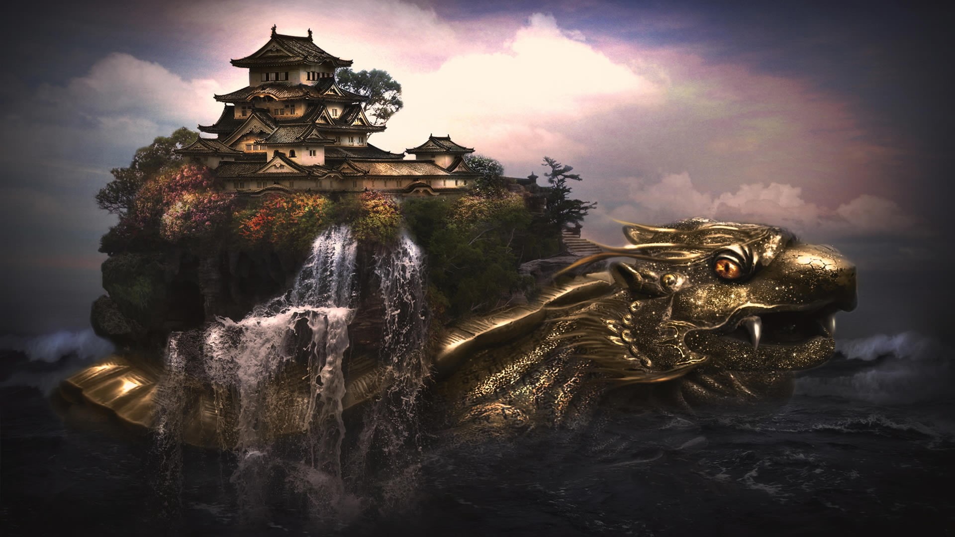 artistic, 1080P, detail, sky, Magic, Chinese, dragon, Green, Asian, Temple, CG, Shell, buildings, m, creature, sea, architecture, Oriental, fantasy, clouds, HD Wallpaper