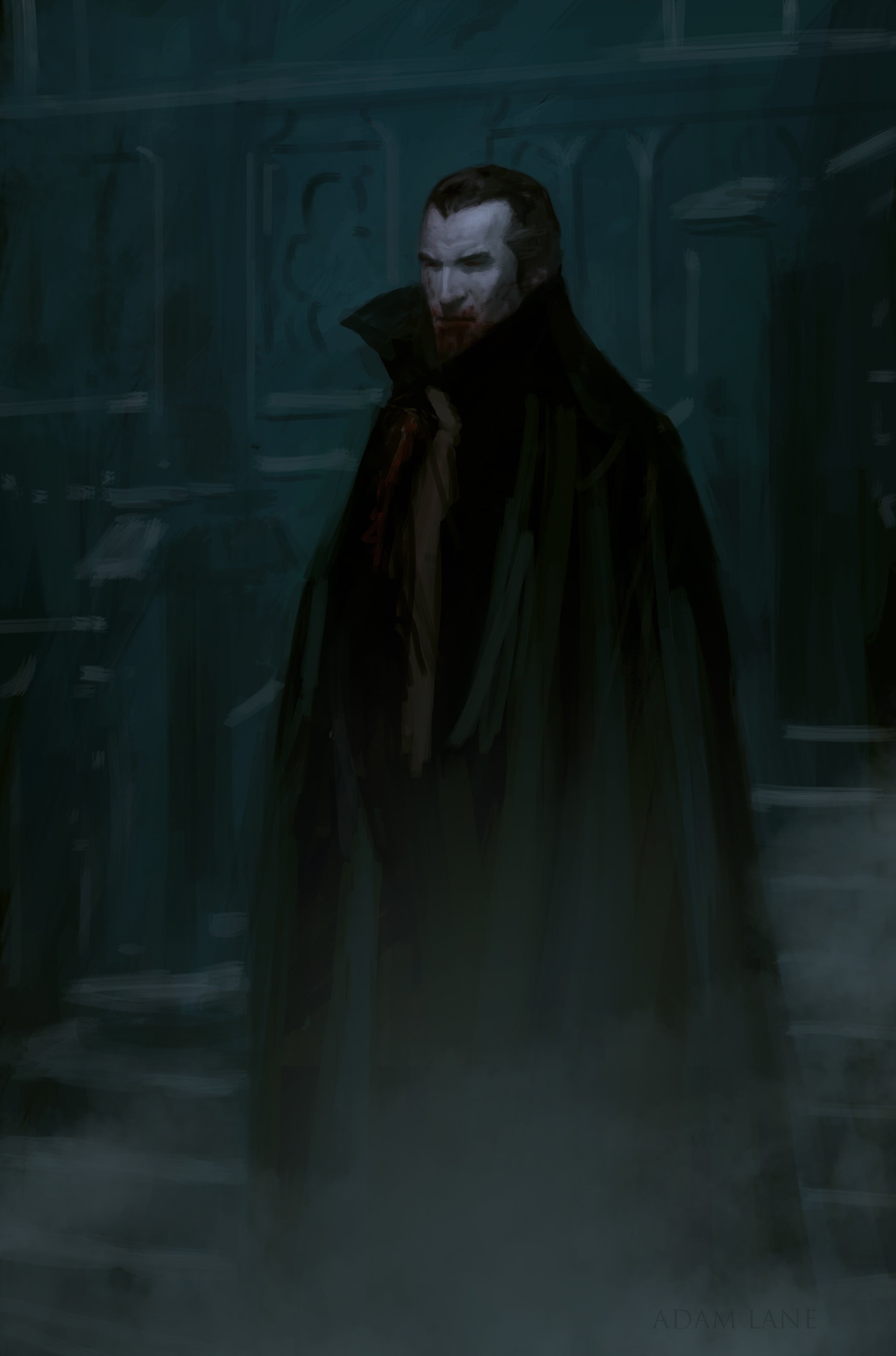 artwork, 2K, blood, mist, ArtStation, Dracula, dark hair, black clothing, vampires, castle, black eyes, fan art, gloomy, Phone HD Wallpaper