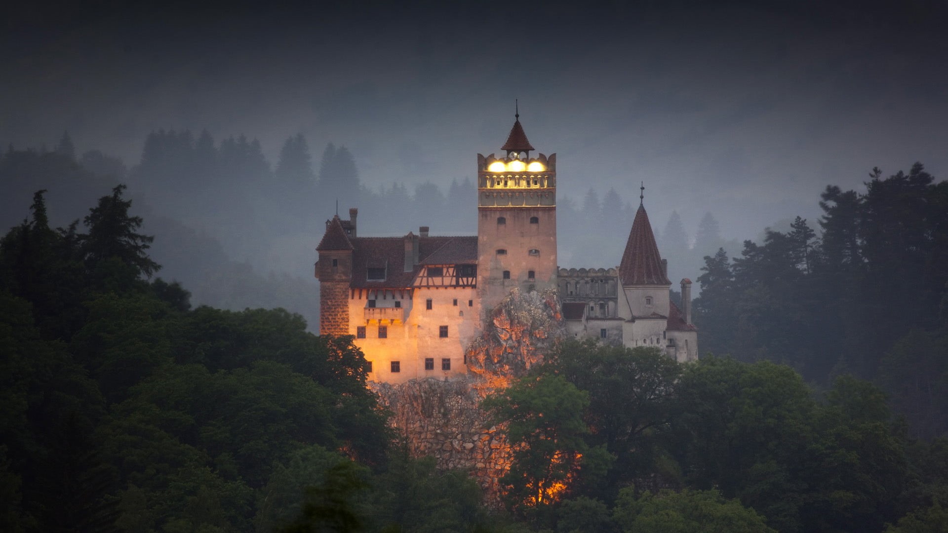 Transylvania, old, travel destinations, palace, ancient, no people, night, fort, fog, building, architecture, tower, medieval, nature, 1080P, famous Place, HD Wallpaper