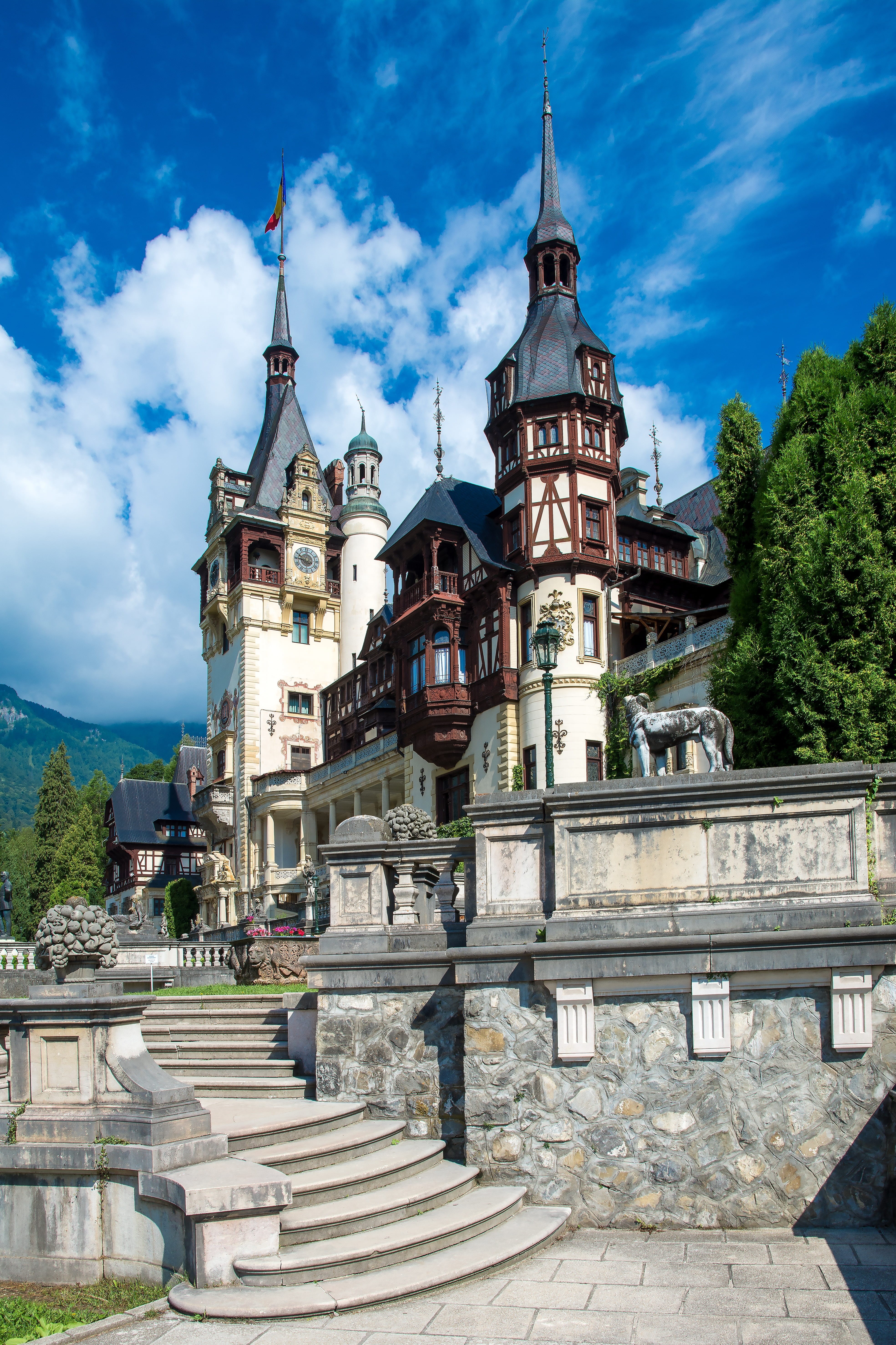 cloud - sky, the past, nature, peles castle, 5K, brasov, castles, religion, spirituality, staircase, spire, transylvania, history, no people, romania, Phone HD Wallpaper
