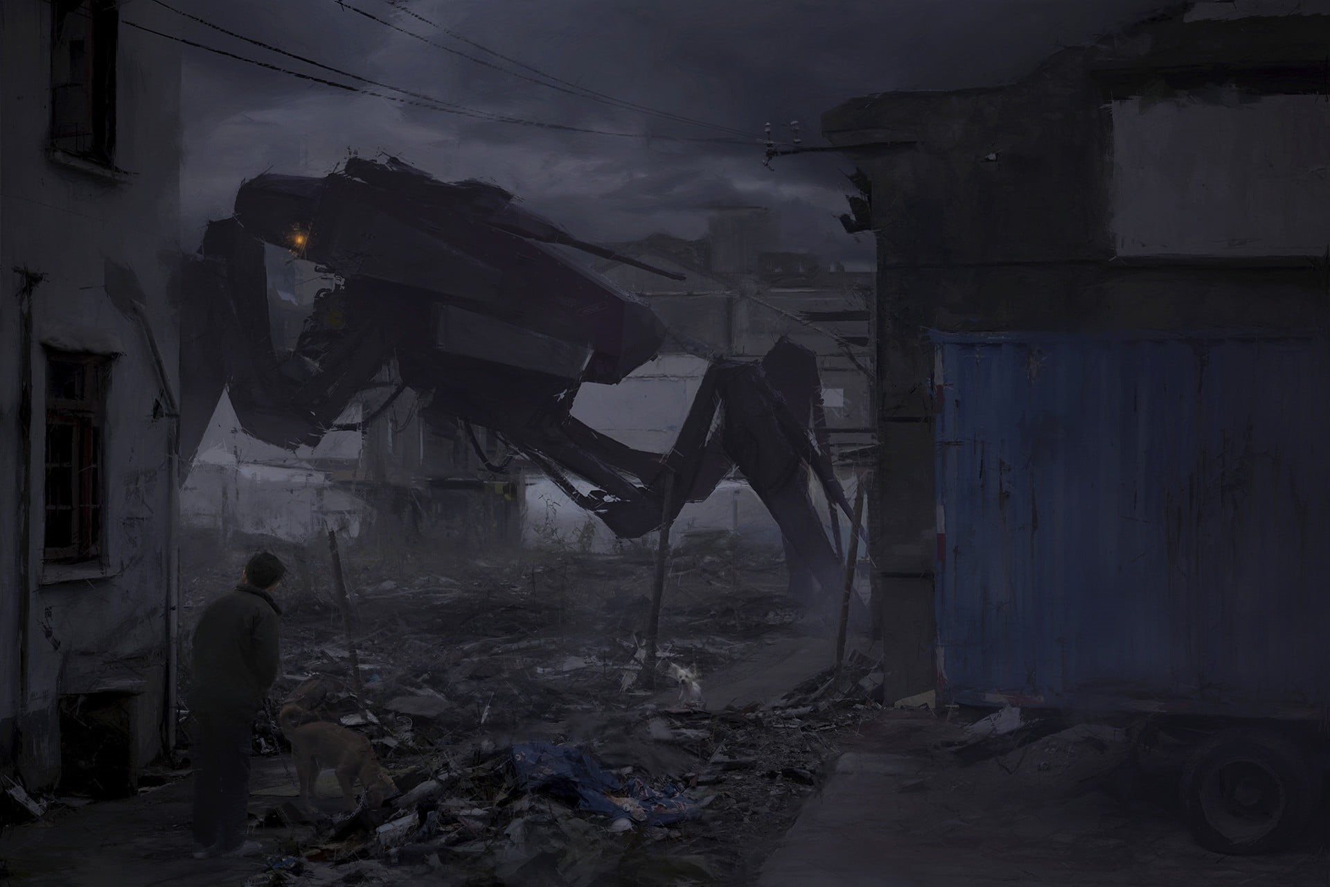 artwork, digital art, still, ruin, apocalyptic, dark, 1080P, mech, movie, futuristic, robot, abandoned, HD Wallpaper