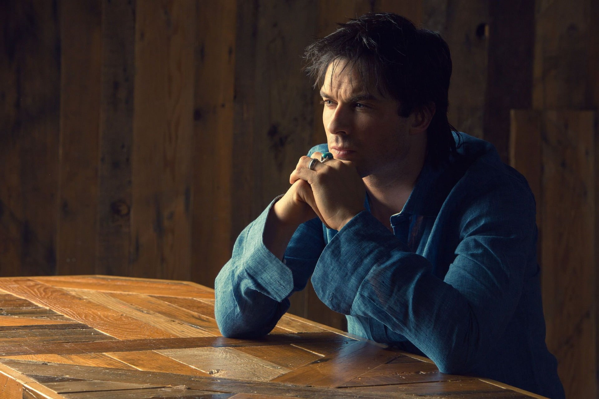 1080P, dark hair, The Vampire Diaries, Damon Salvatore, celebrity, blue clothes, blue clothing, Ian Somerhalder, actor, table, hands crossed, blue shirt, HD Wallpaper