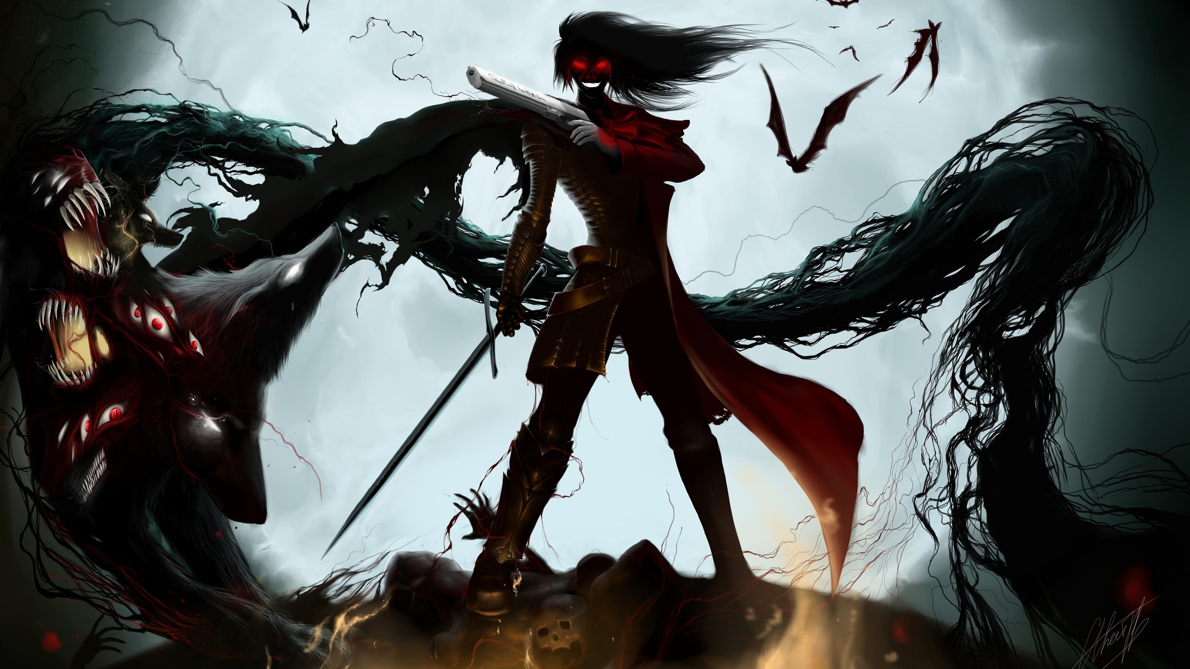 indoors, 4K, multi Colored, abstract, art and craft, vampires, Hellsing, animal wildlife, anime, character, one Person, hairstyle, game, horror, hair, HD Wallpaper