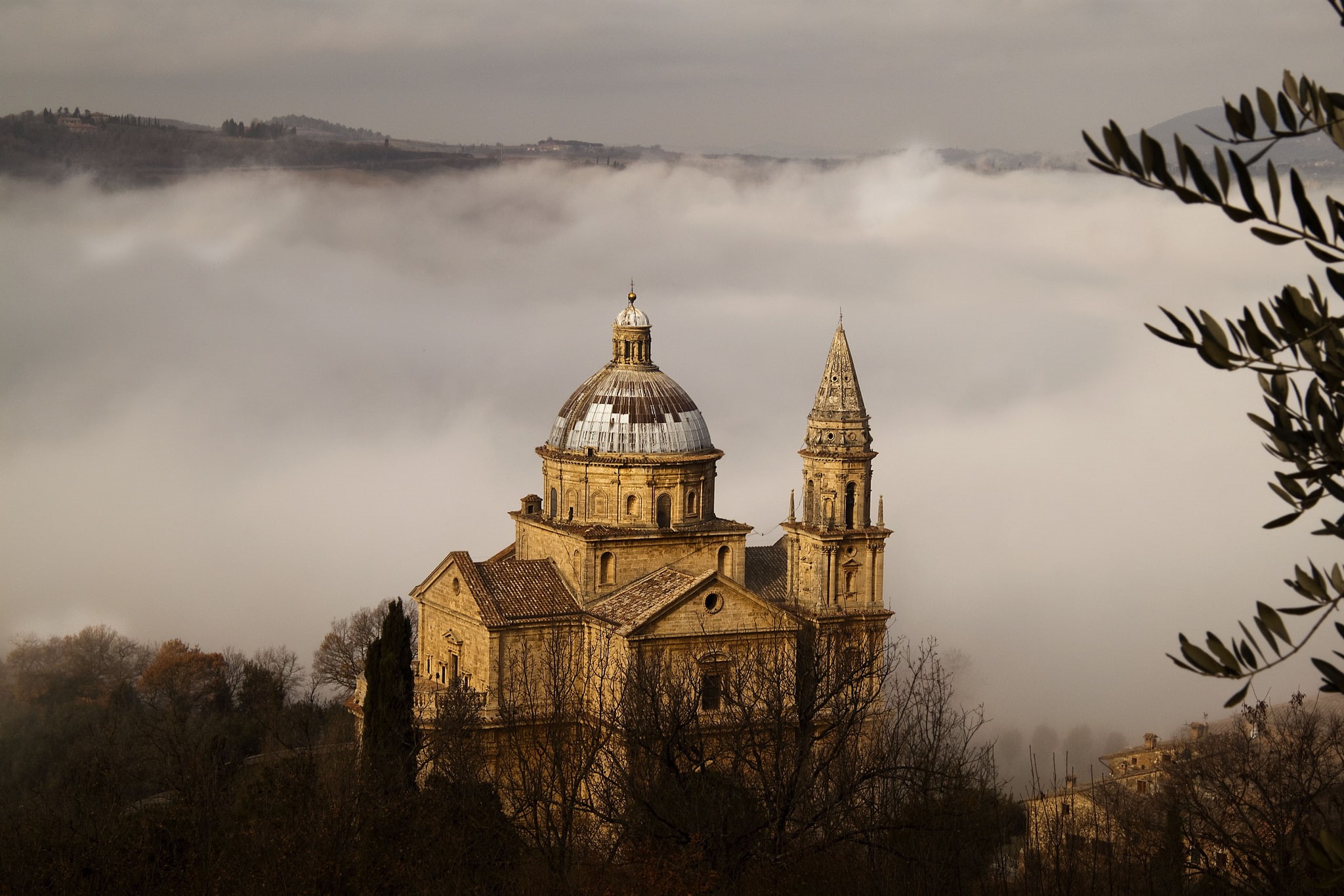 Tuscany, 1080P, fog, trees, brown, Madonna di San Biagio, Church, temple, Montepulciano, The church of San Biagio, Italy, nature, The province of Siena, HD Wallpaper