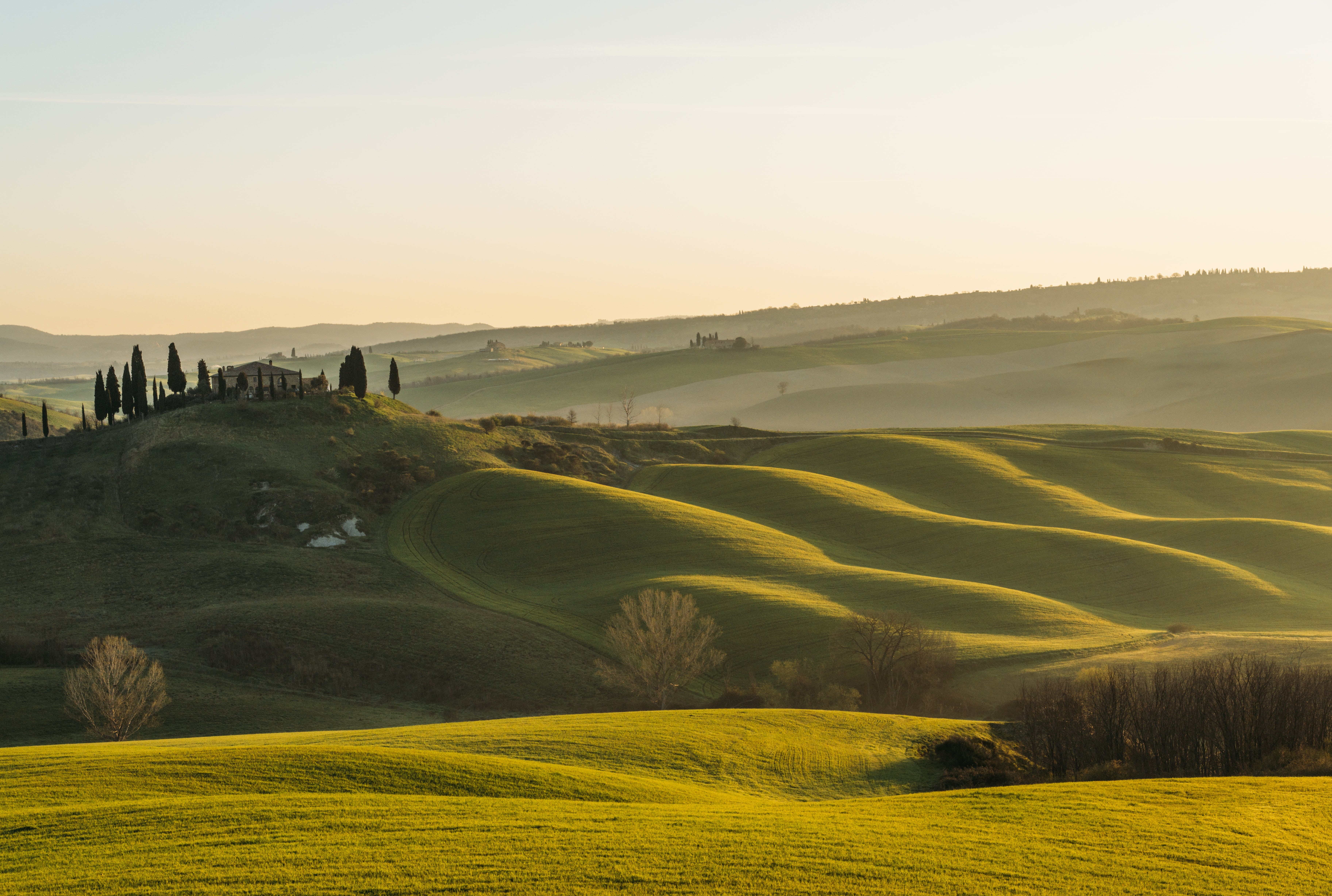 tranquility, hill, nature, cypress Tree, environment, tuscany, val dOrcia, tranquil scene, outdoors, no people, non-urban scene, sky, sun, italian Culture, HD Wallpaper