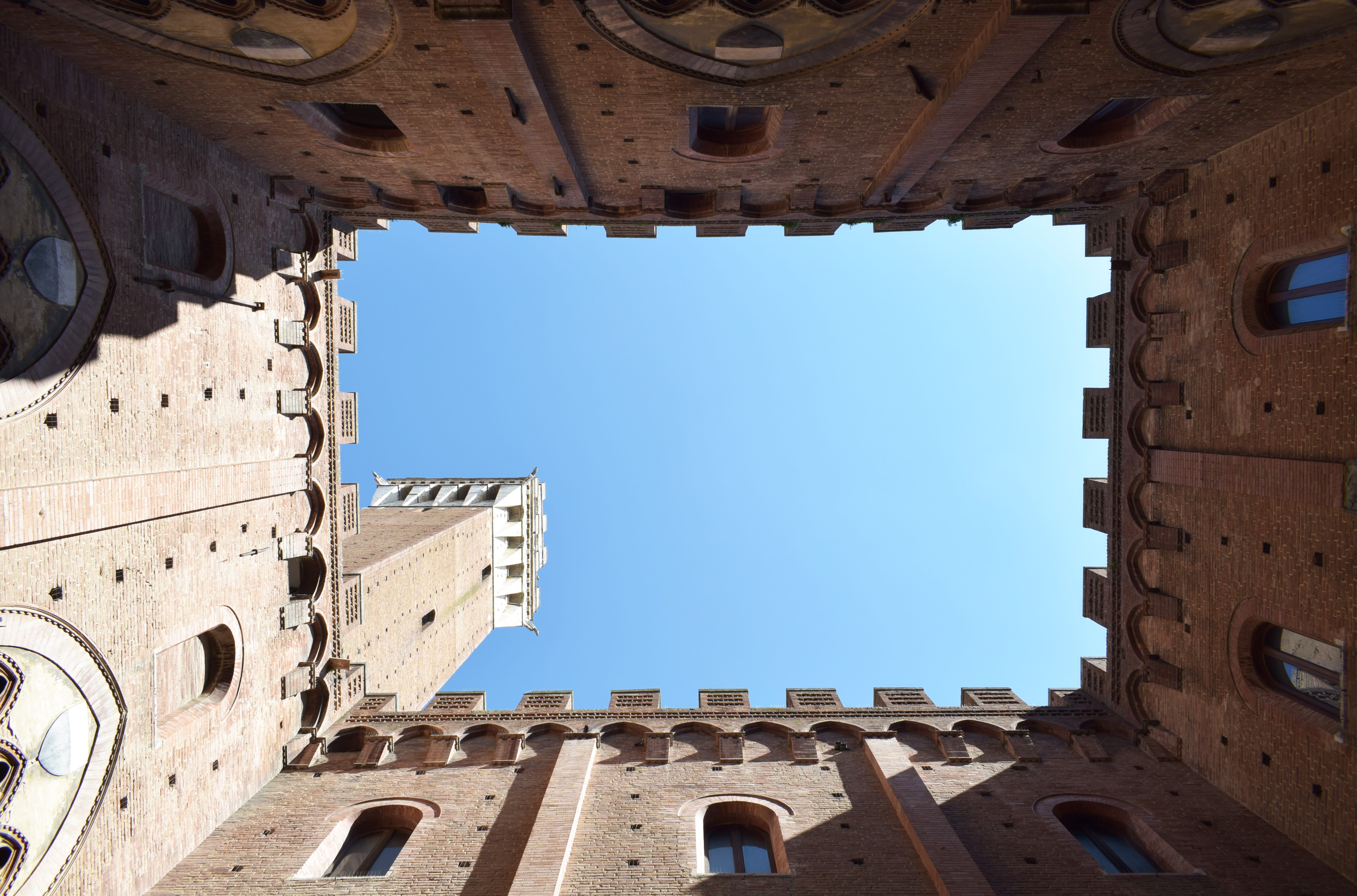 built structure, window, travel, travel destinations, blue, building exterior, sky, low angle view, 5K, sunlight, architecture, province of siena, clear sky, HD Wallpaper