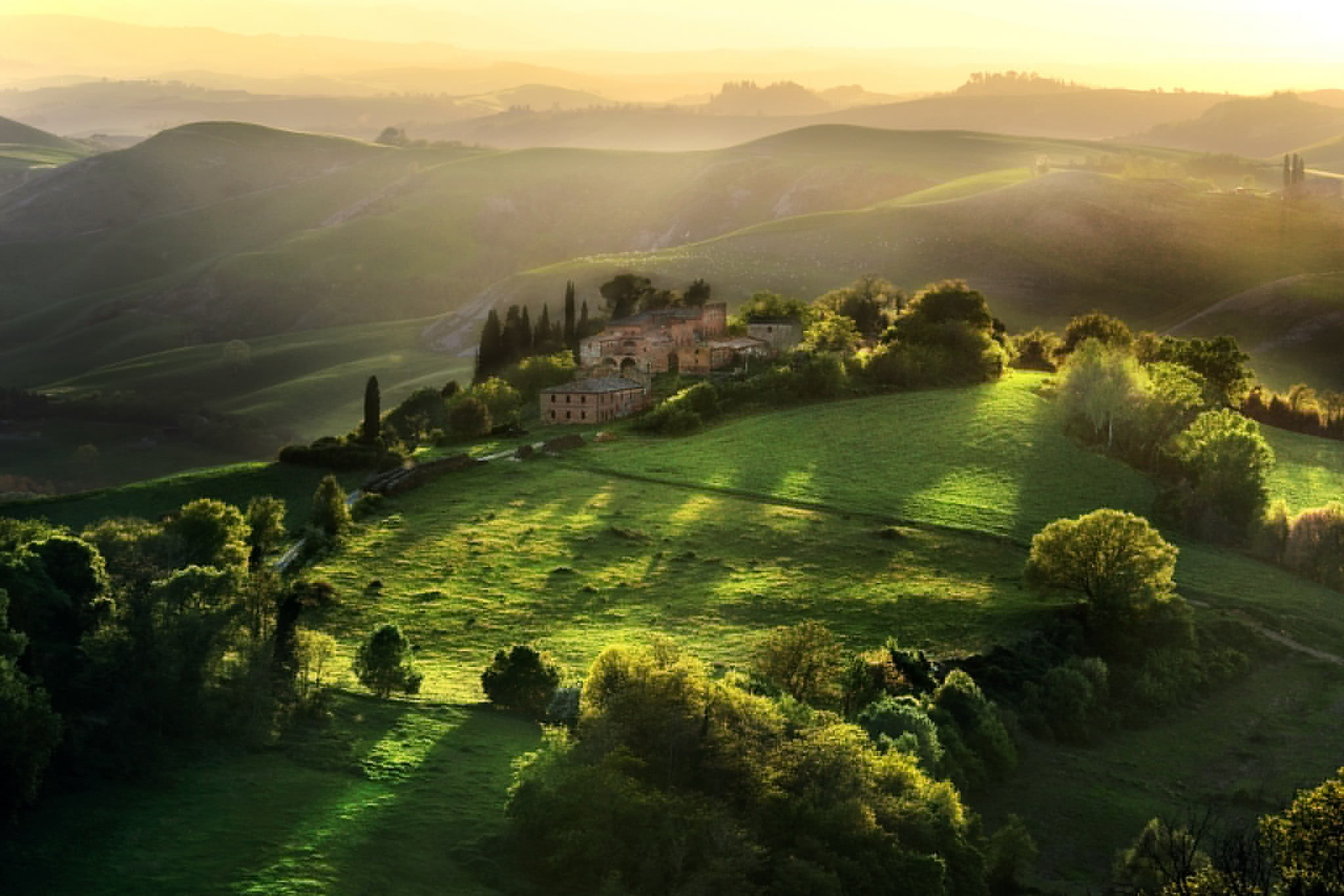 tranquil Scene, village, scenics - nature, landscaped, tree, chianti Region, dawn, dusk, farm, siena Province, nature, morning, idyllic, trees, green Color, HD Wallpaper