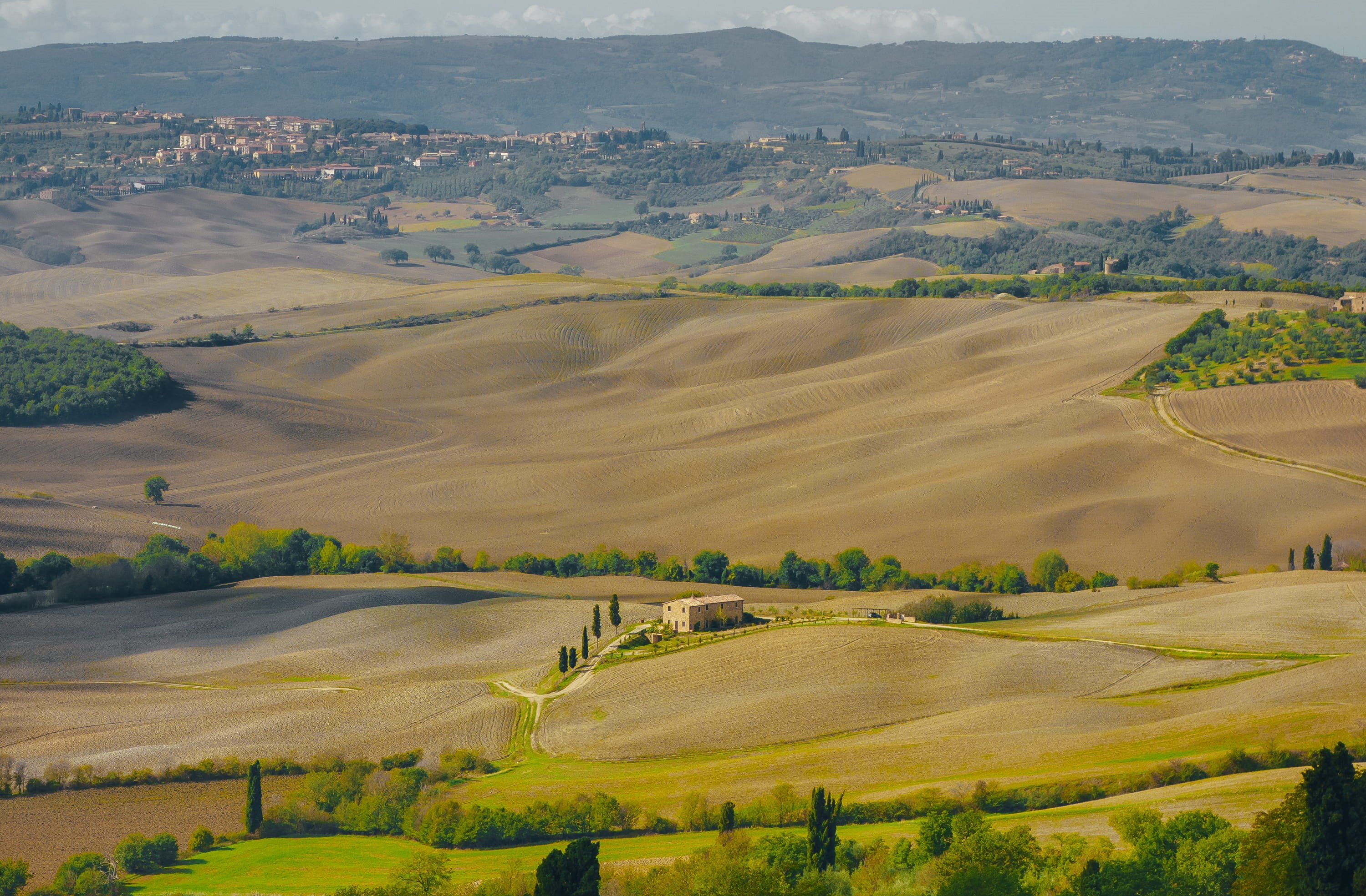 italy, land, tree, europe, tranquility, mountain, val dOrcia, brown, trees, non-Urban Scene, scenics, farm, tranquil scene, environment, rolling Landscape, HD Wallpaper