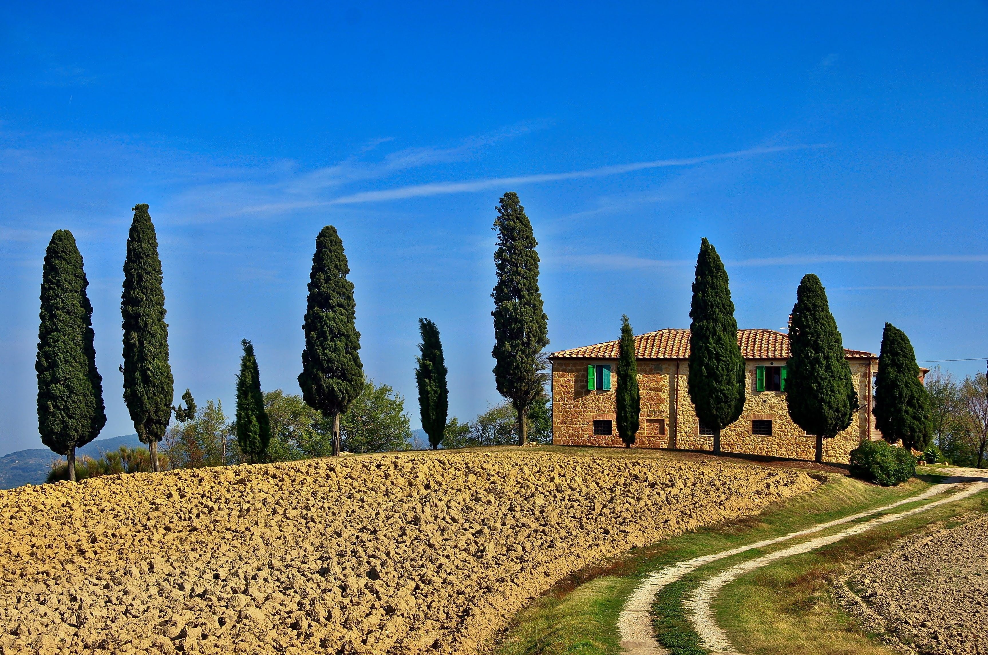 architecture, tuscany, day, plant, landscaped, mediterranean, land, europe, blue, cypress Tree, landscape, trees, italy, summer, building exterior, house, HD Wallpaper